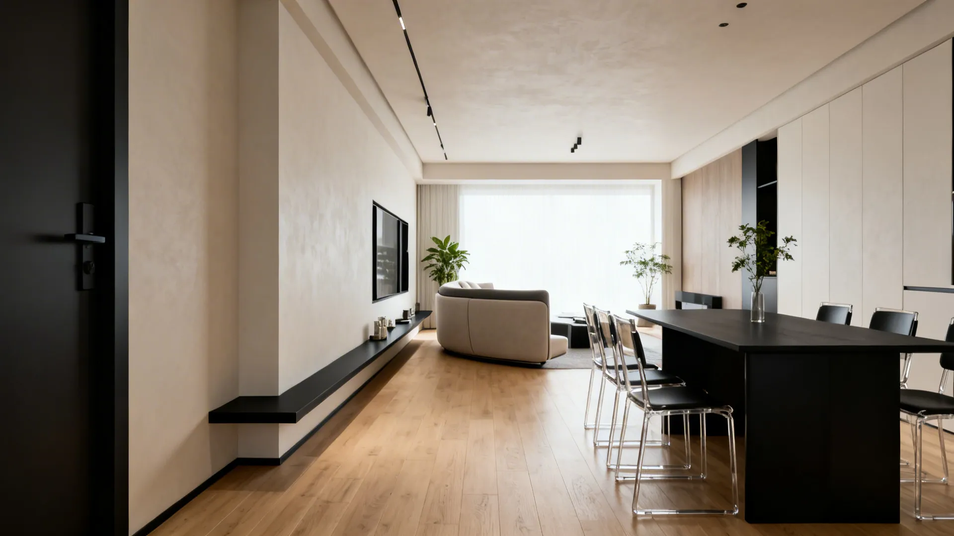 Sofa with a slim console backs onto the dining area to define zones and circulation.