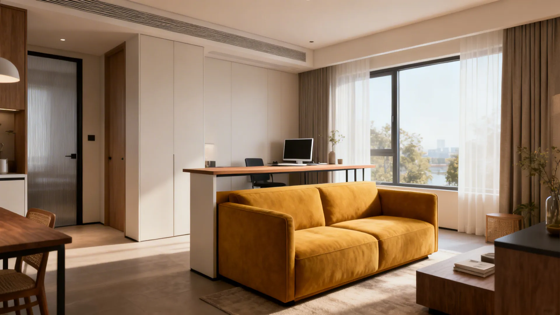 4. Use the sofa as a focal point behind multifunctional furniture