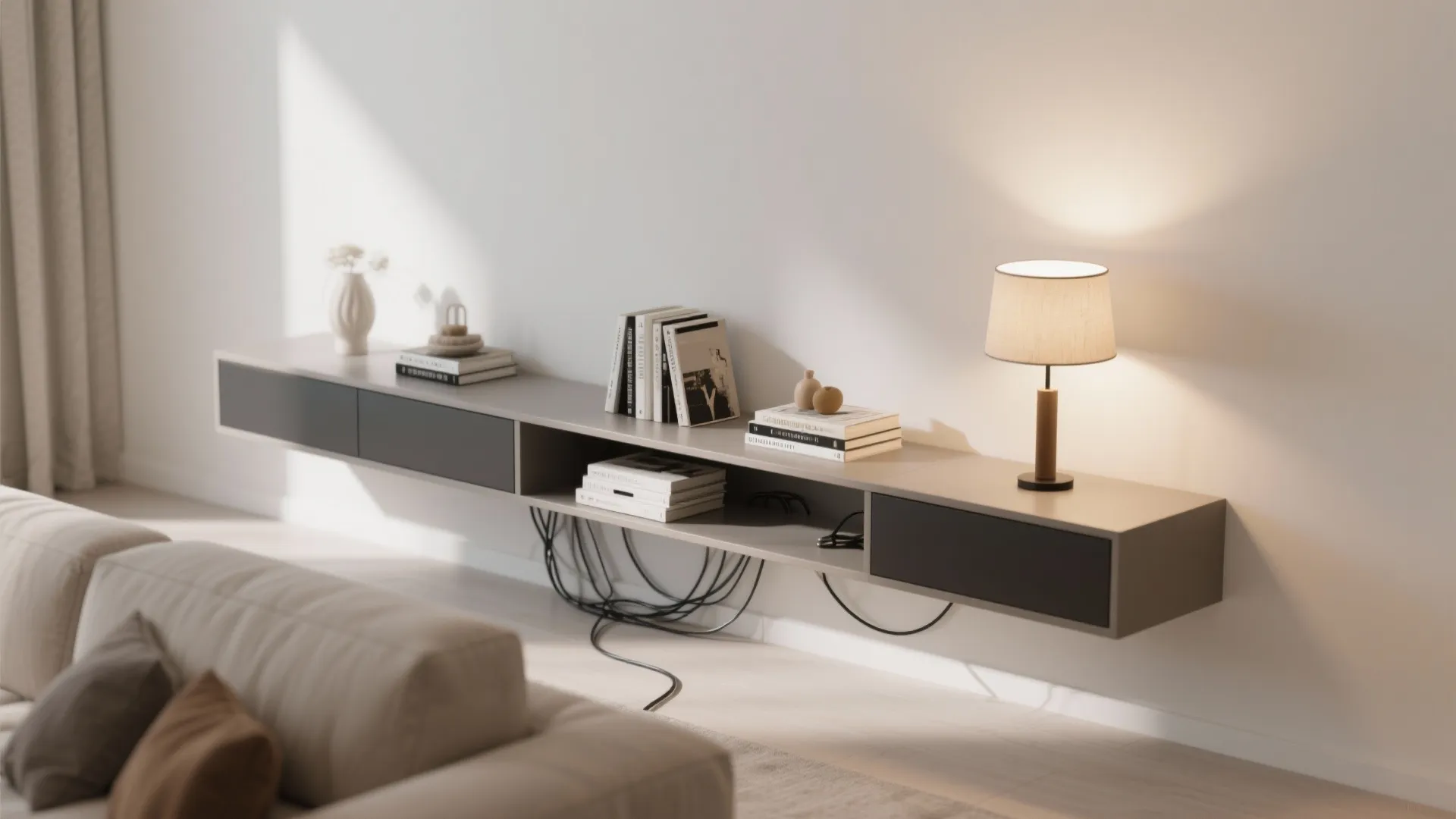 Slim console table behind sofa with decor and lamp