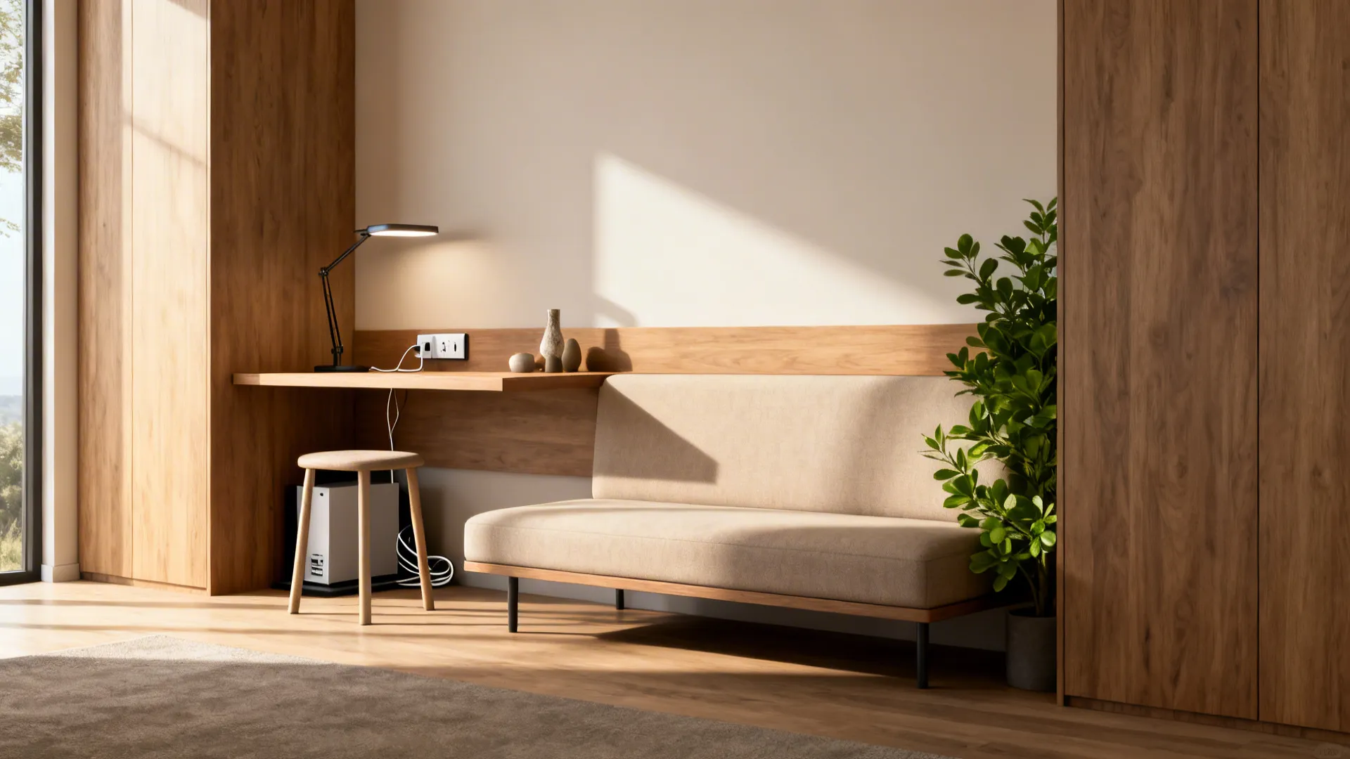 Narrow console desk behind a low-back sofa serving as a discreet workstation with lamp and charging station.