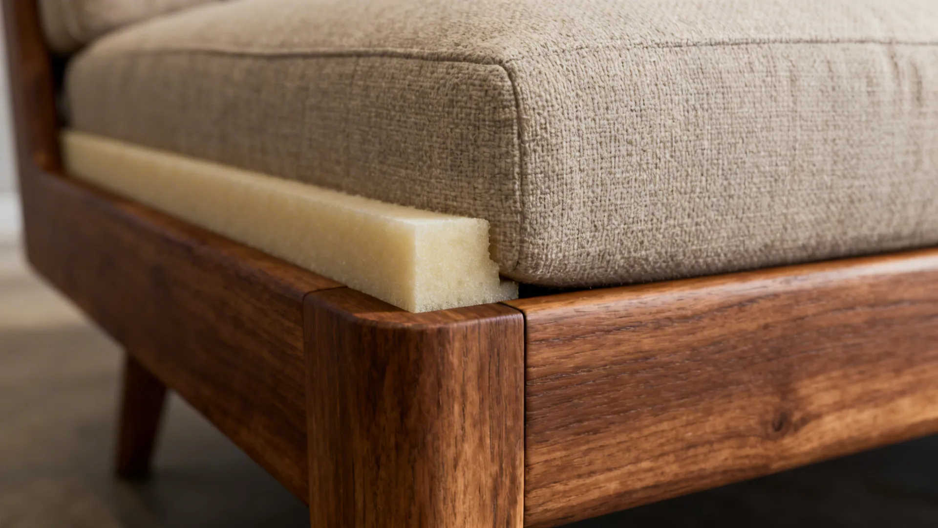 Close-up of sofa frame, cushion foam, and upholstery fabric texture.