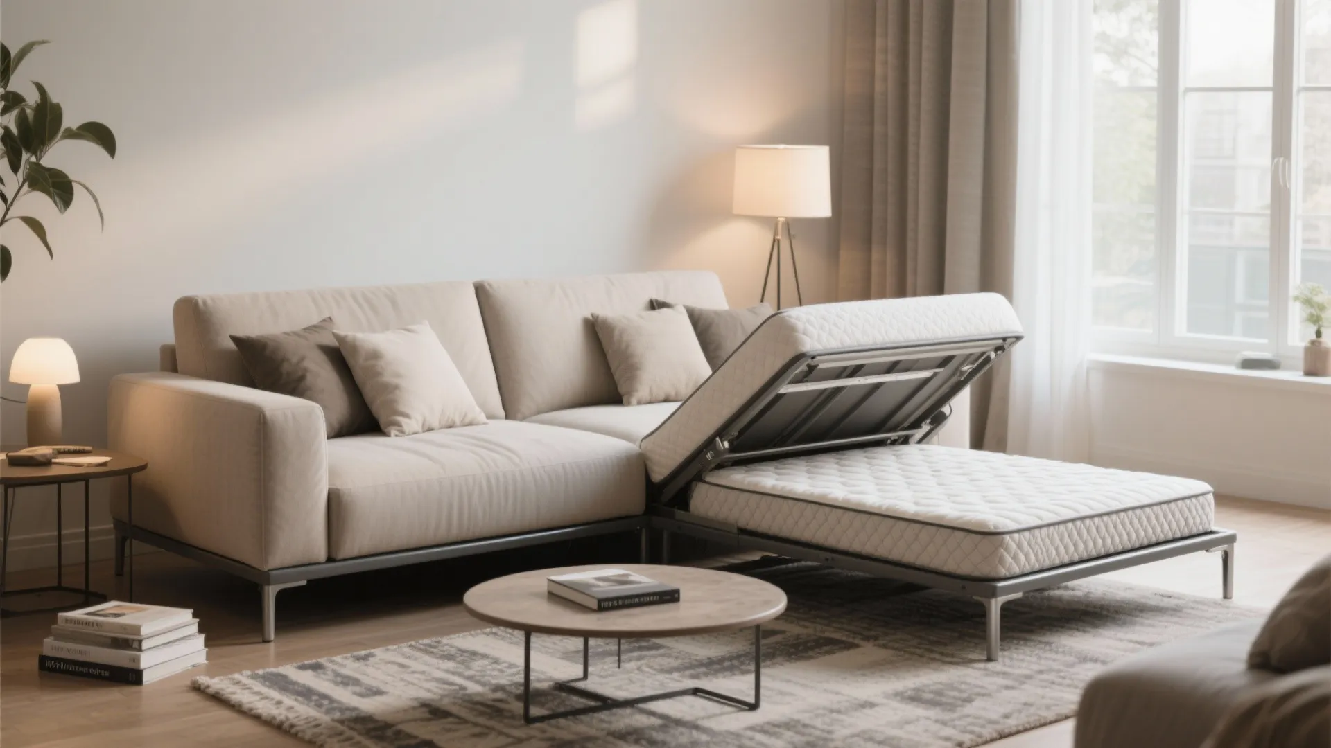 Beige sofa transforming into a bed in a modern living room with a round table