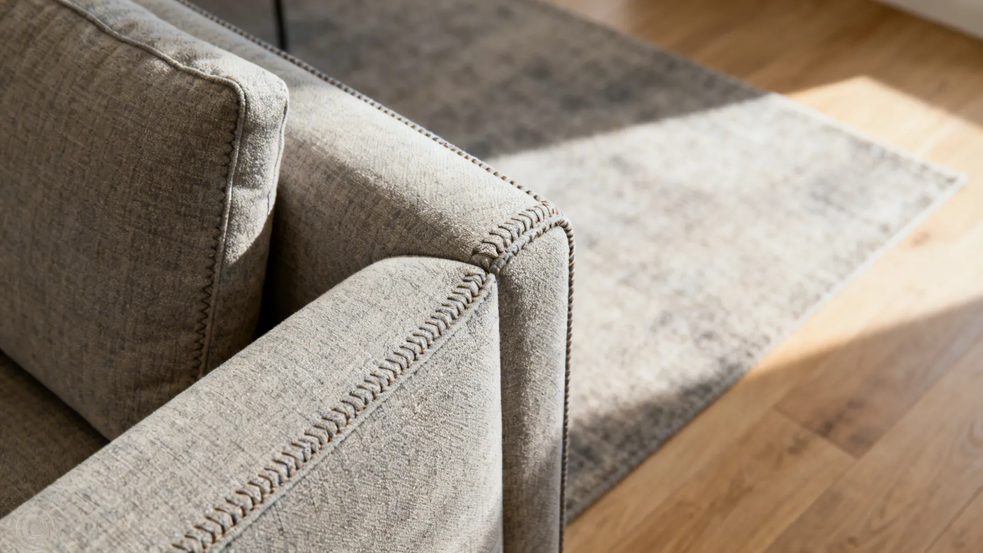 Close detail of an L-shaped sofa corner with fine stitching and soft fabric, set in a neat small living room.