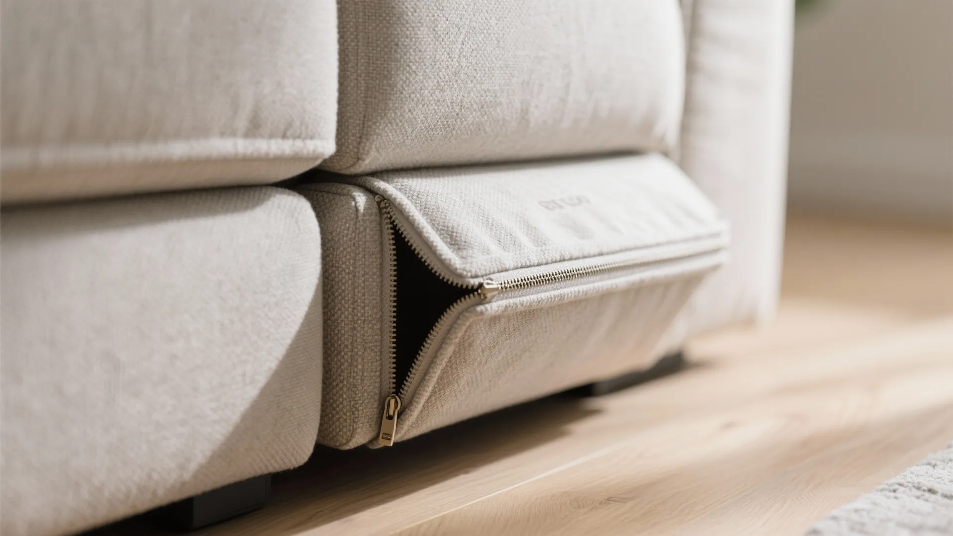 Close up view of a beige fabric sofa cover featuring a metal zipper and textured material