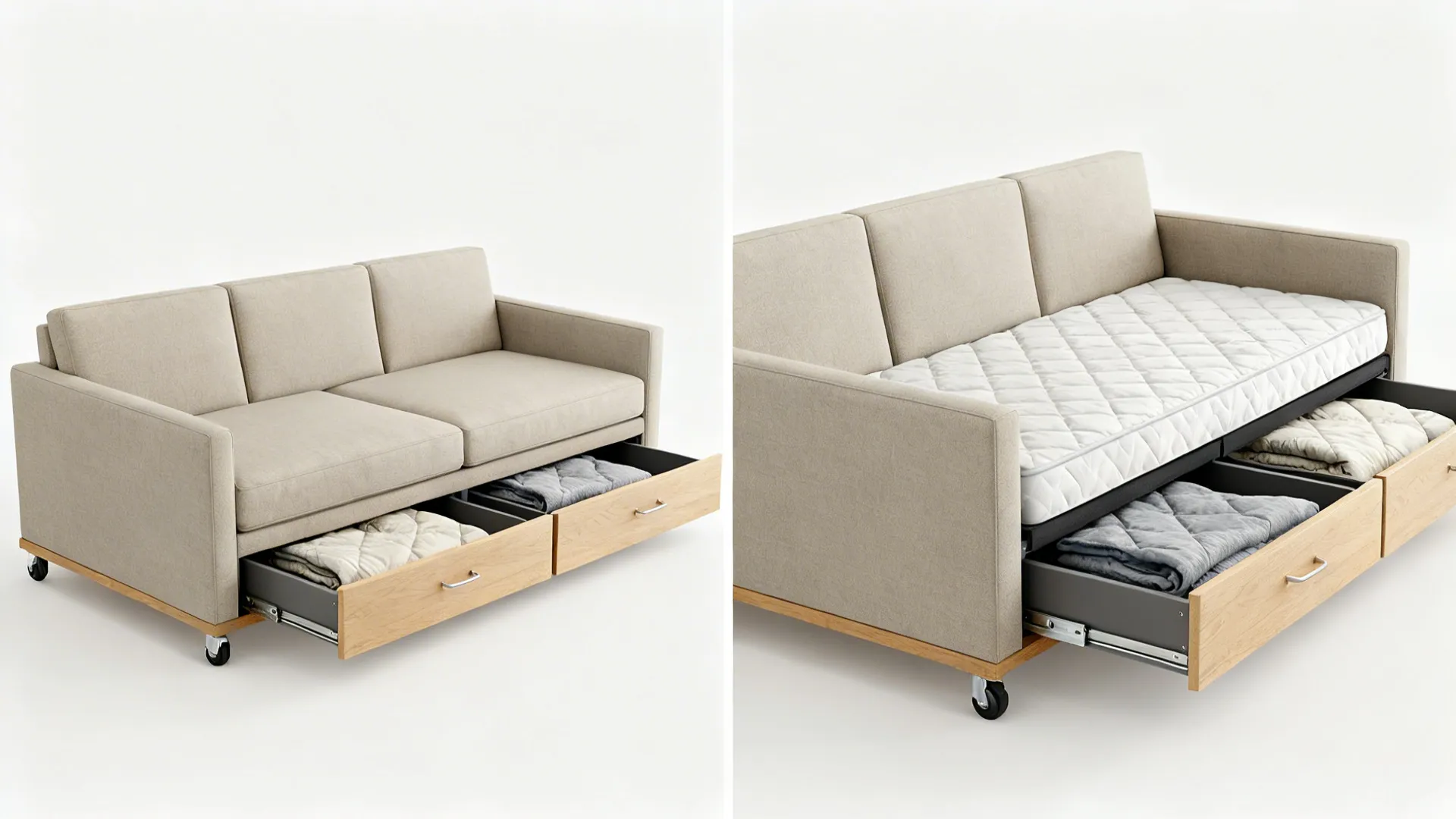 Before-and-after of a sofa-cum-bed showing closed drawers and the pull-out bed with storage open.