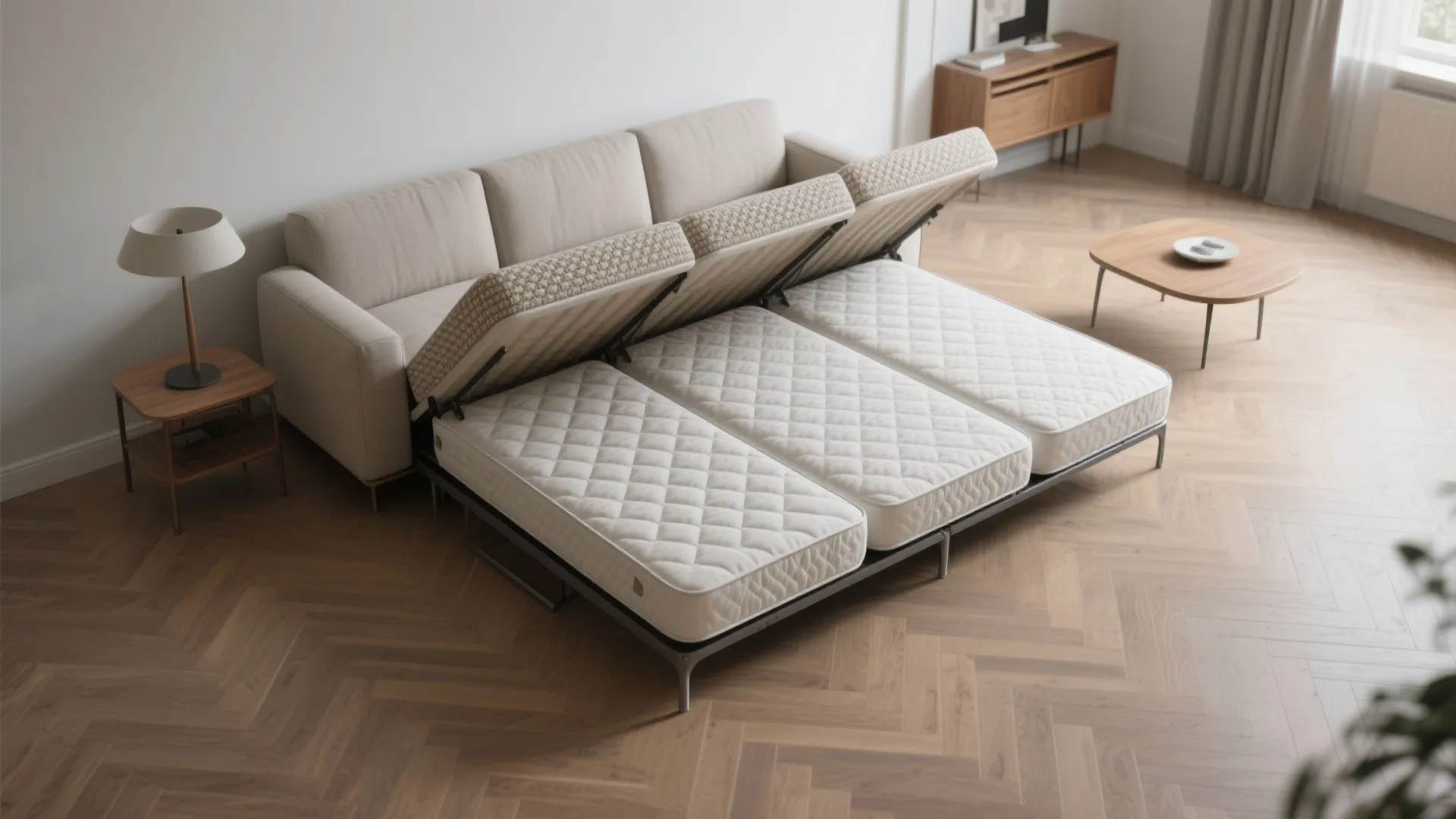 Beige sofa converting into a triple guest bed layout in a bright modern living room