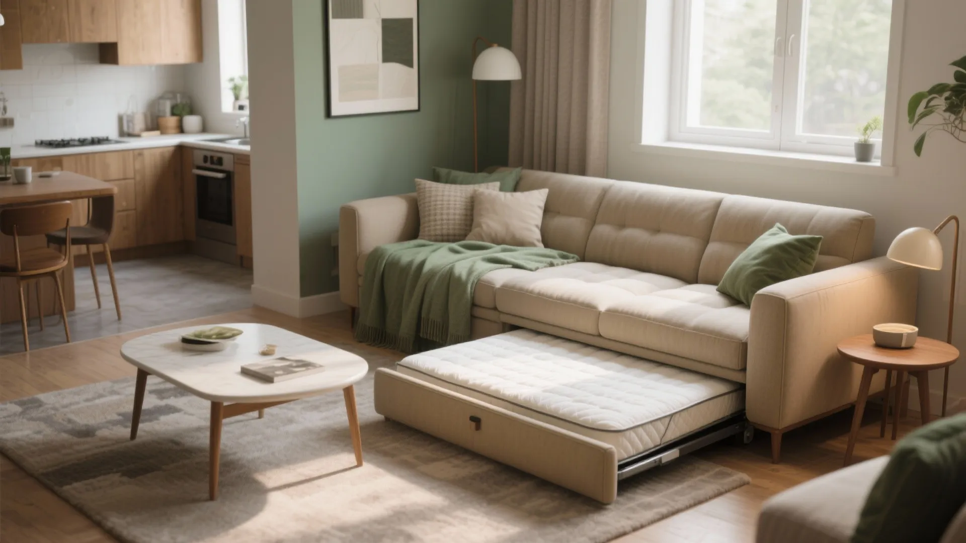 Modern living room with beige sofa bed pulled out on rug and marble coffee table