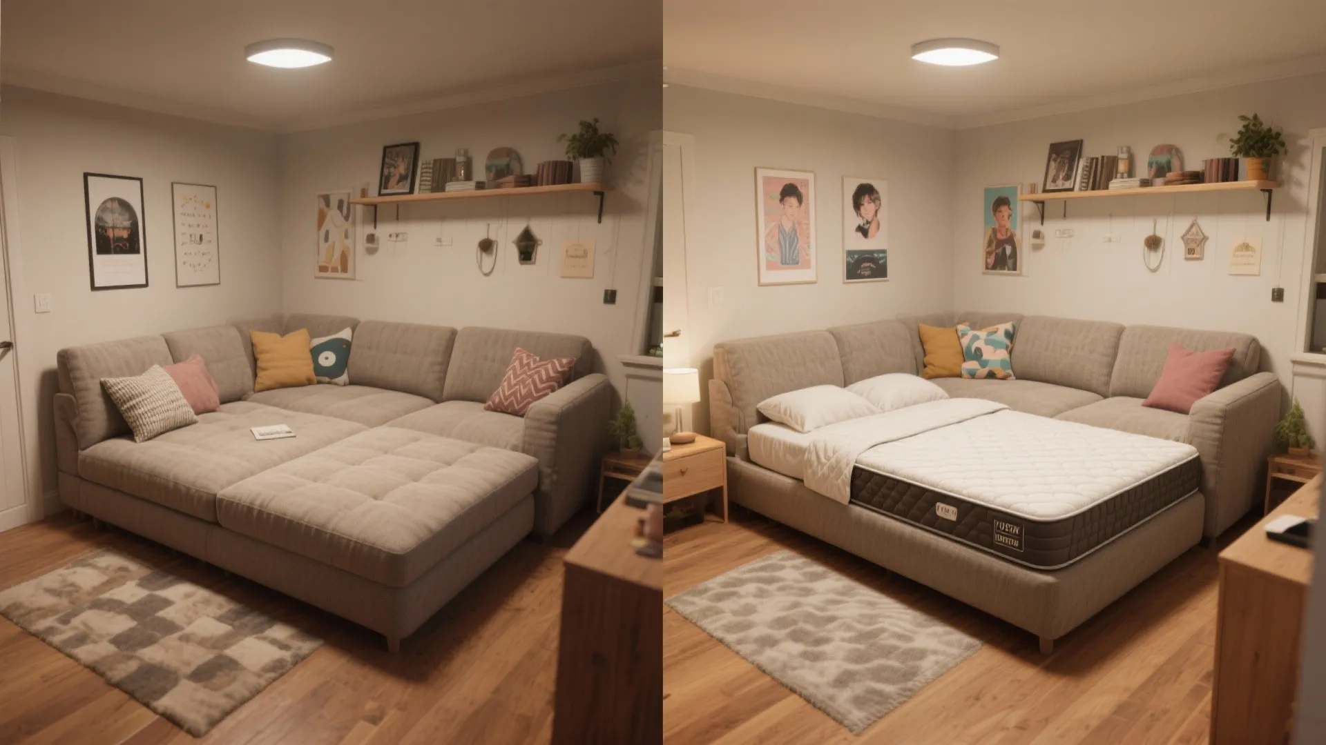 Comparison of a large grey sectional sofa being converted into a comfortable pull out bed
