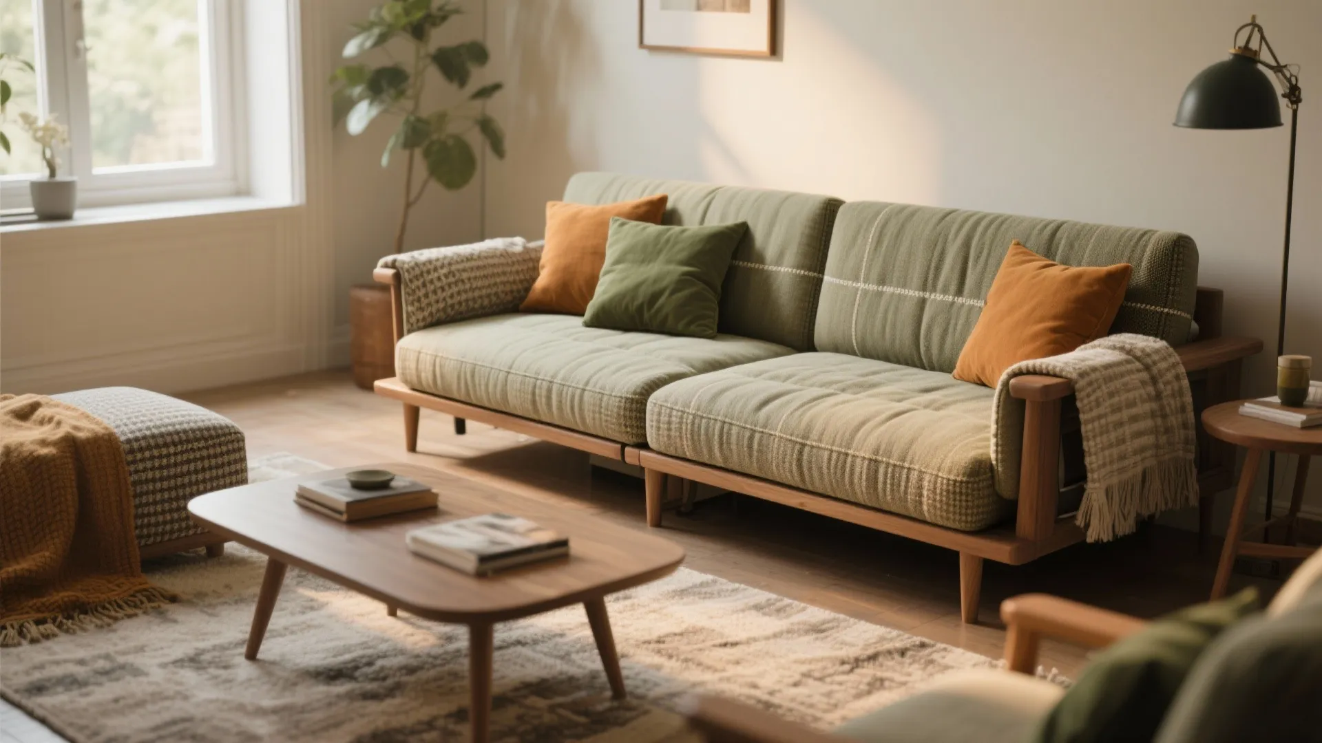 Modern living room featuring a green fabric sofa, wooden coffee table, rug, and floor lamp