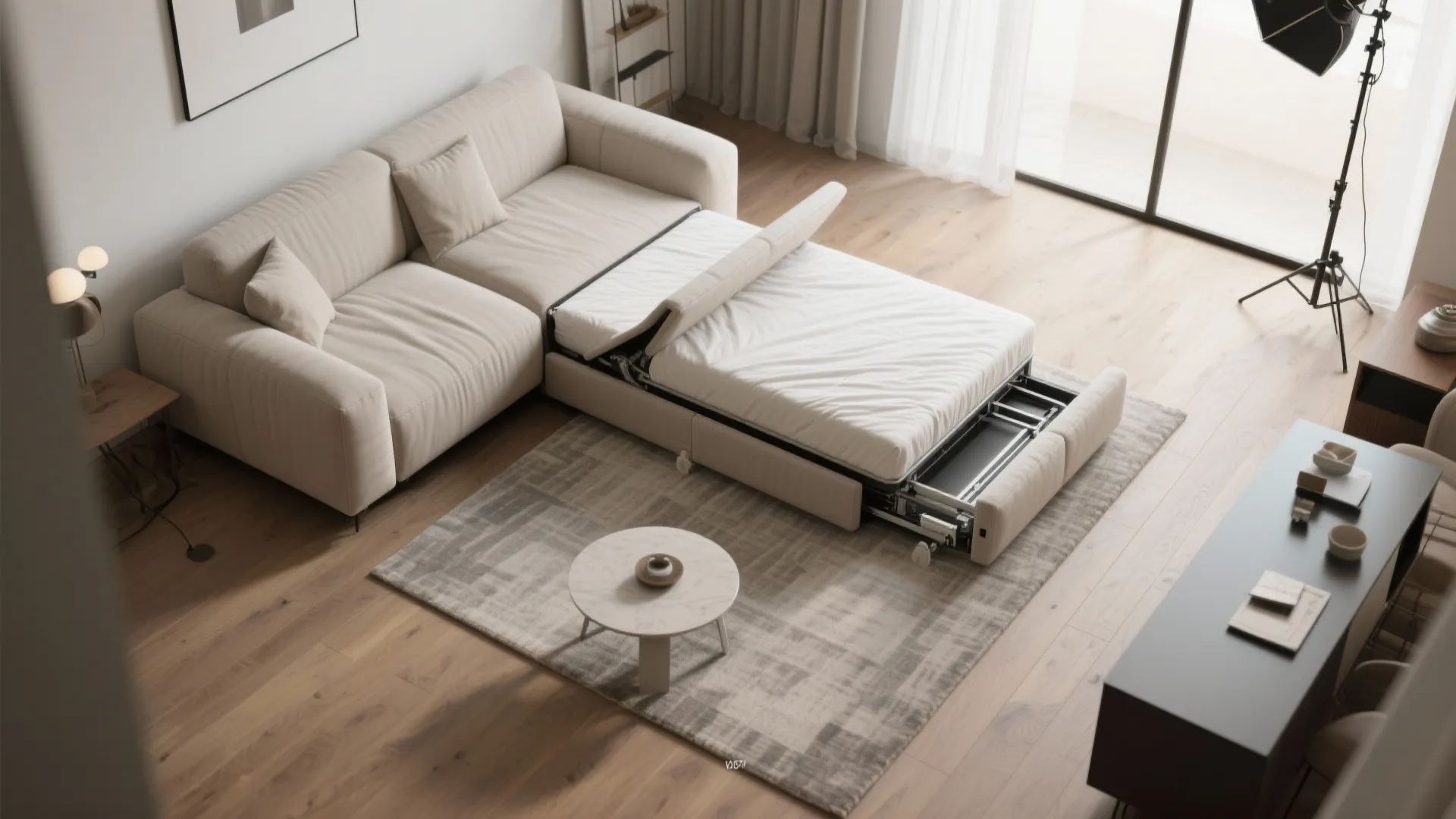 Top-down sequence showing a sofa bed unfolding in a studio layout with clear circulation space.