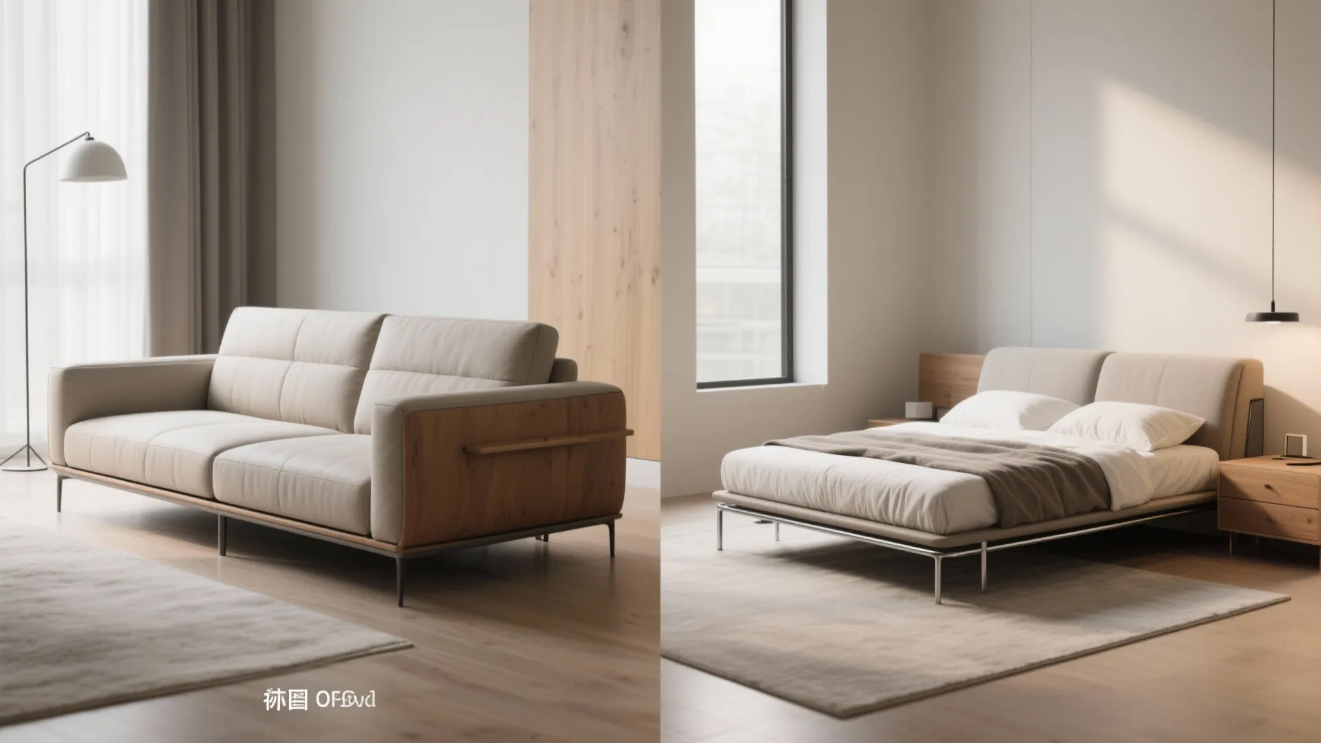 Comparison of a modern beige sofa and the same piece converted into a comfortable bed
