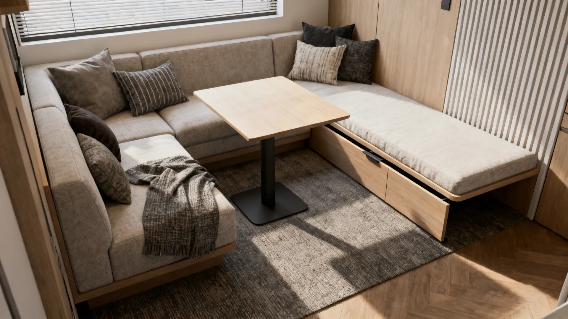 Asymmetric setup with a sofa paired with a narrow daybed or bench for multifunctional seating.