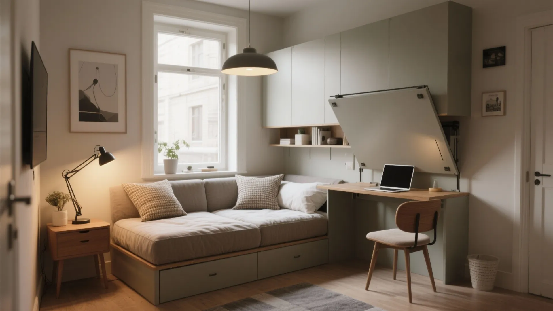 2. Sofa-bed or daybed + fold-down desk