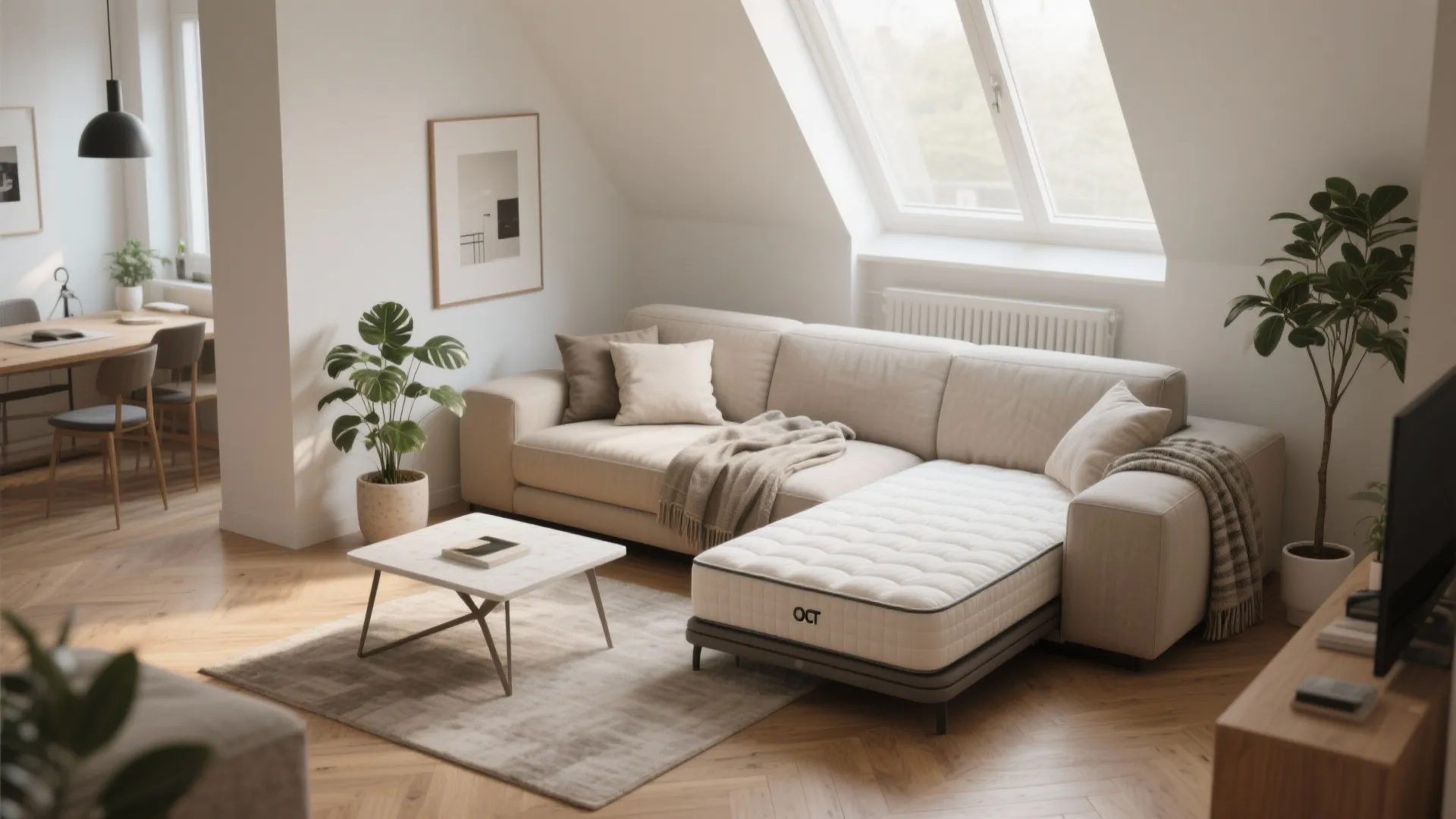 Modern living room featuring a beige sofa with extended footrest, marble coffee table, and indoor plants