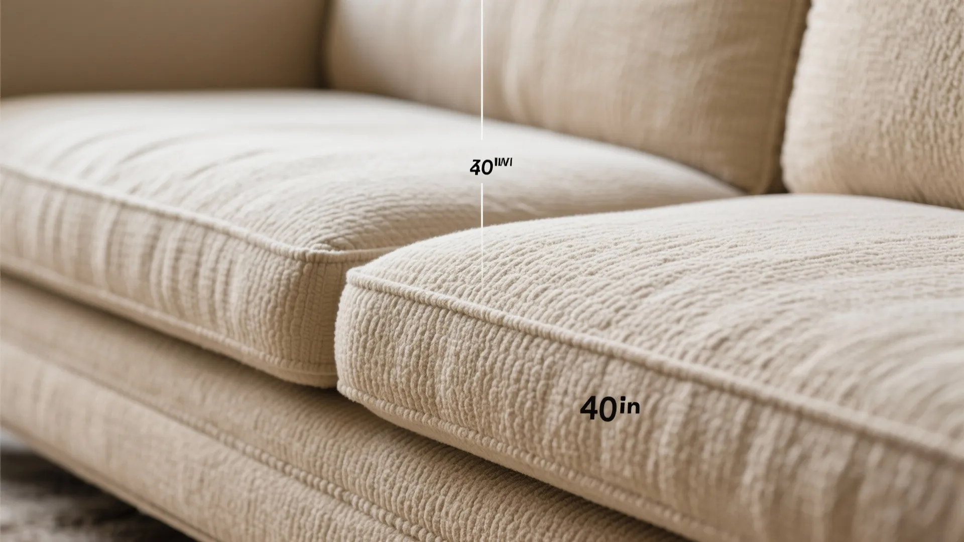 Close up view of cream sofa cushions with measurement labels showing forty inches of seat depth