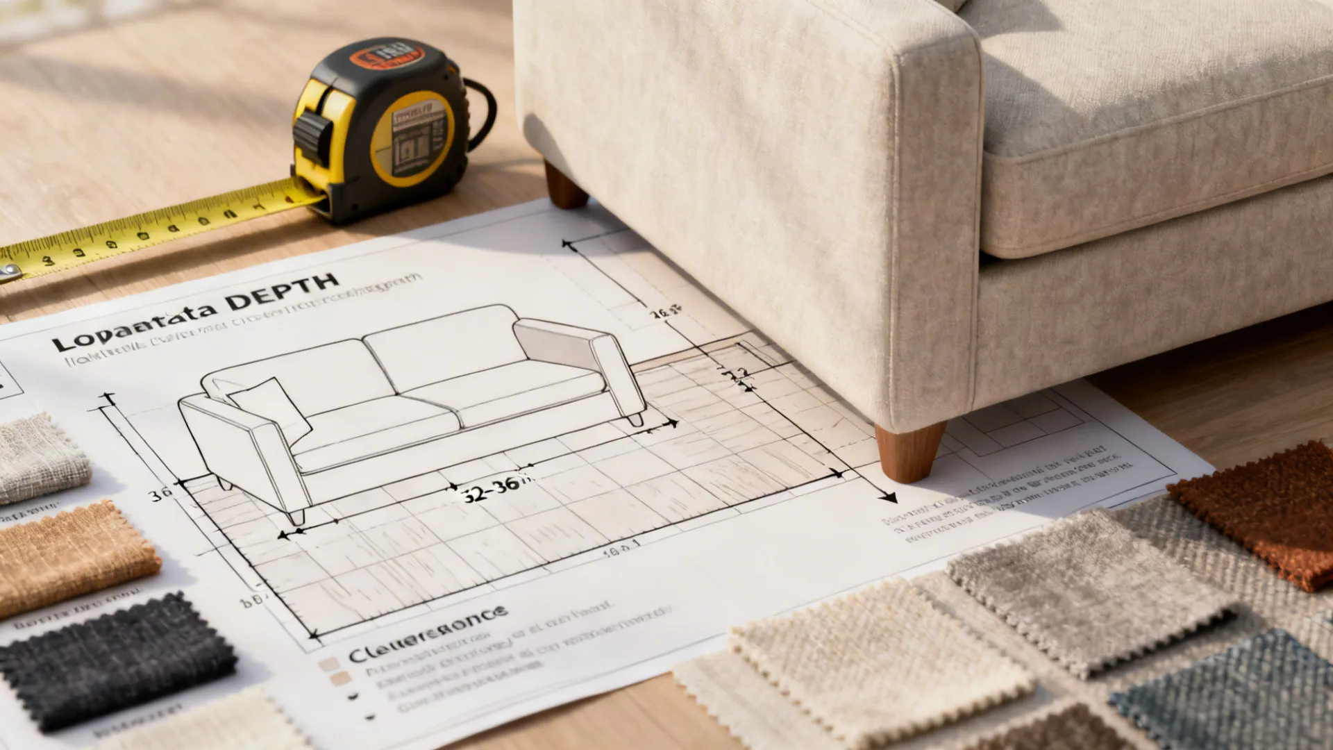 Measurement tape and diagram showing recommended sofa depth and clearance guidelines
