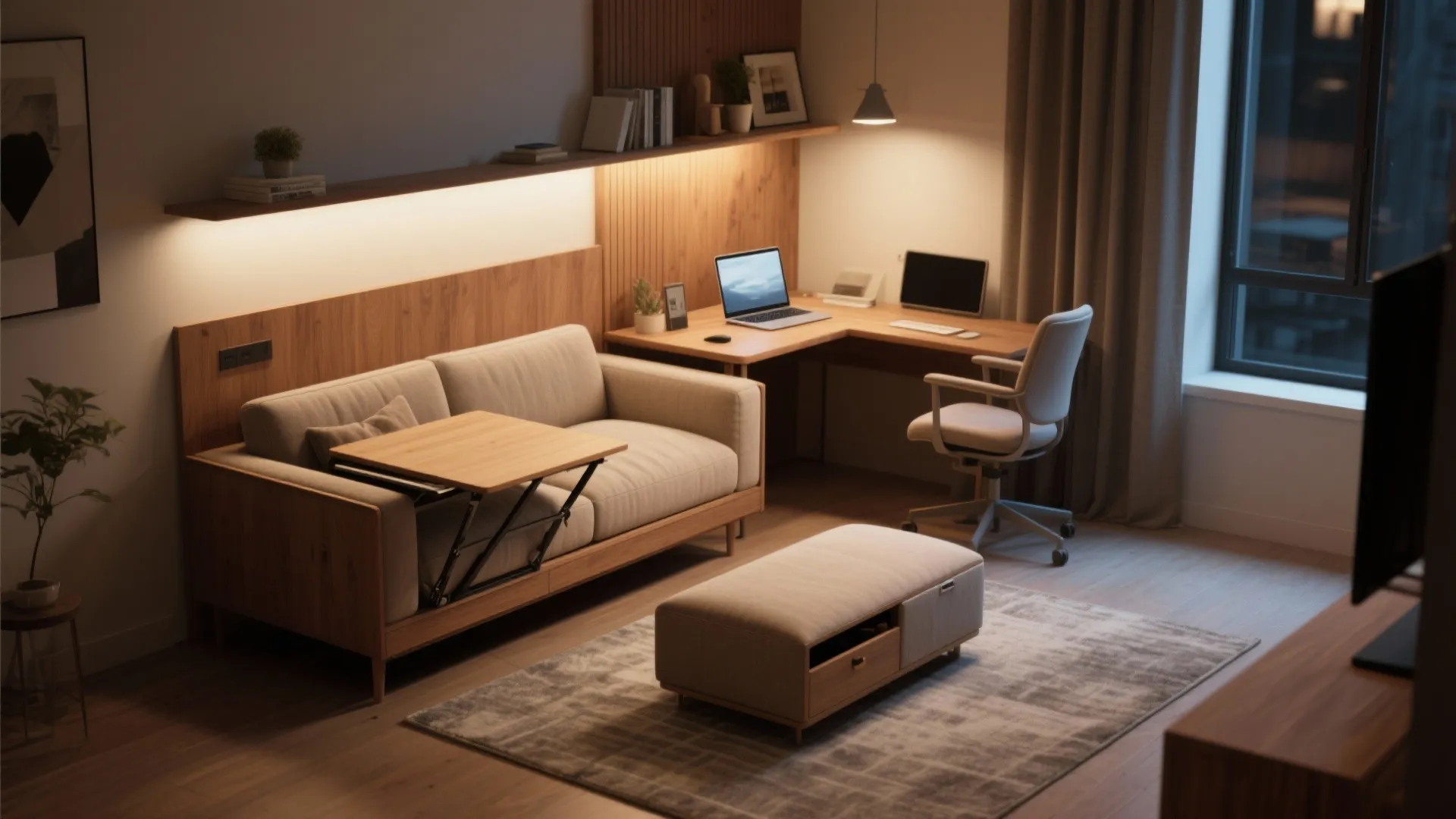 Modern living room featuring a sofa with wooden table wooden corner desk and a soft footrest