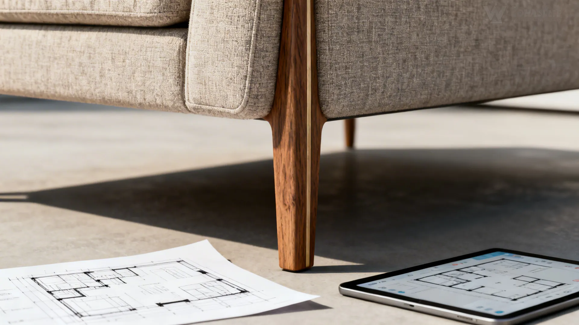 Close-up of sofa legs and narrow arm profile next to a sketch and digital floorplanner