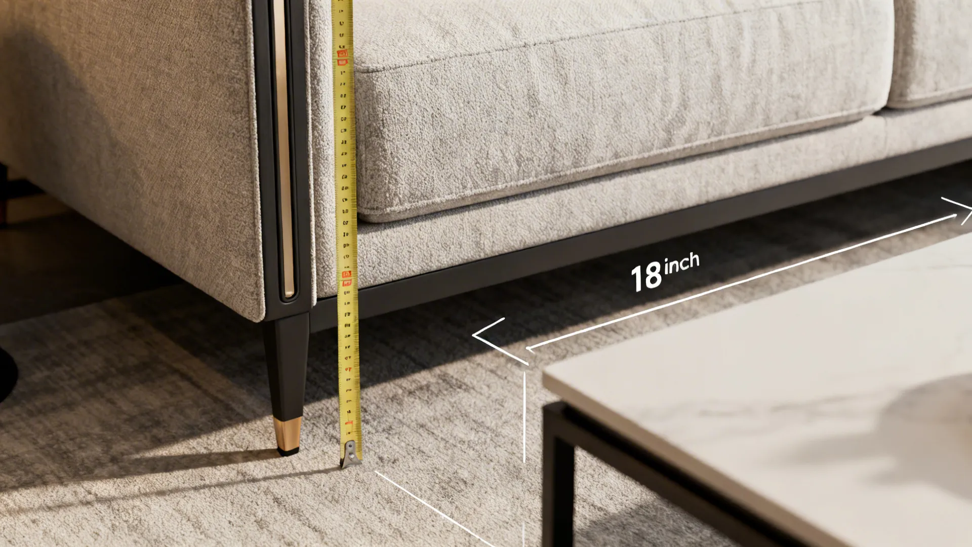 Close-up of sofa arm, leg, and measurement tape showing recommended clearances.
