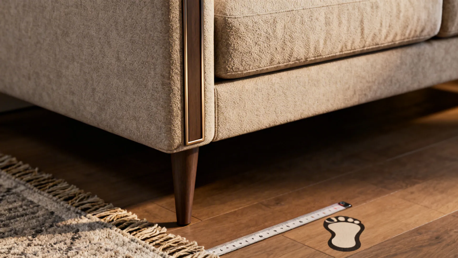 Close-up of slim sofa legs, narrow arm and rug edge with a tape measure showing scale.