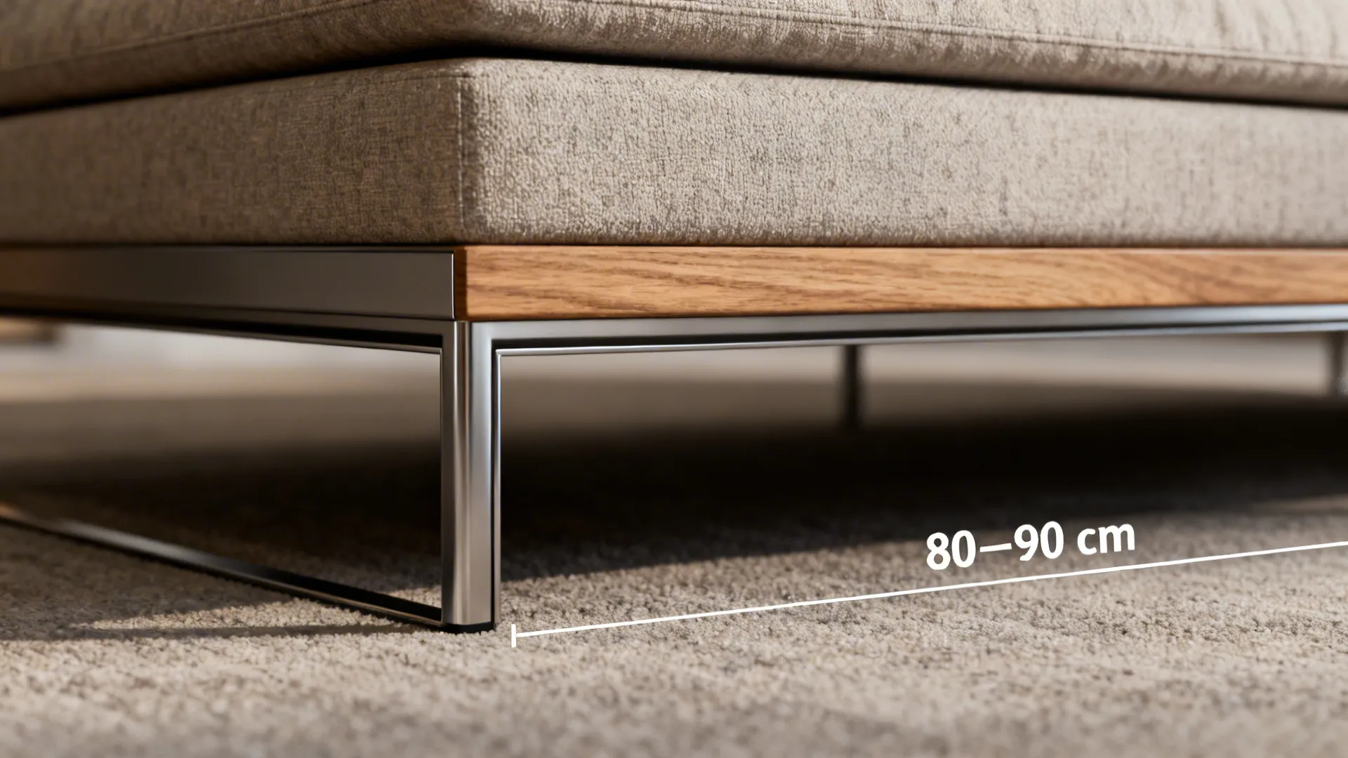 Close-up of slim sofa legs, seat profile and measurement indicating ideal shallow depths.