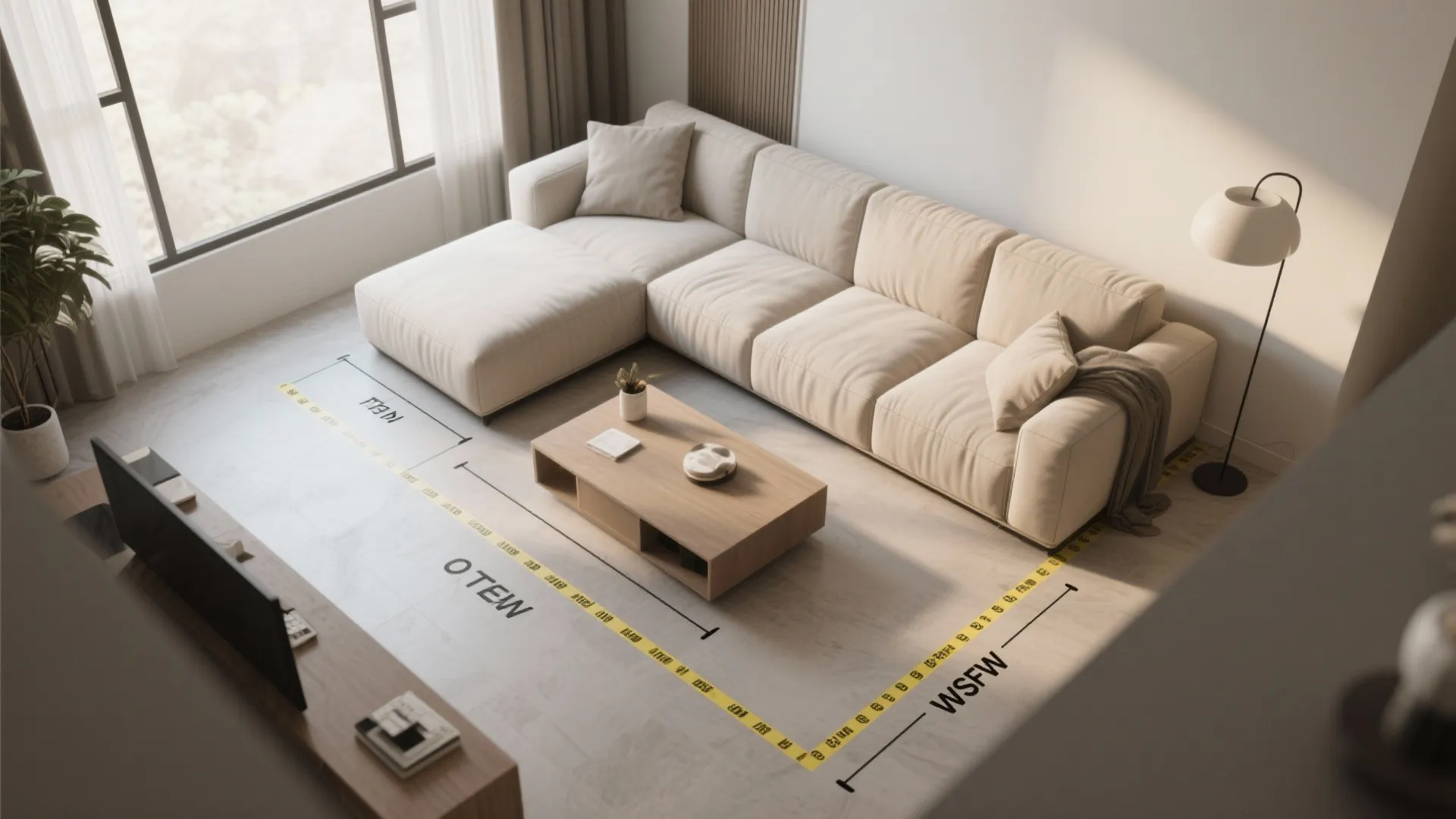 Beige sofa and wooden coffee table in living room with yellow measuring tape on floor