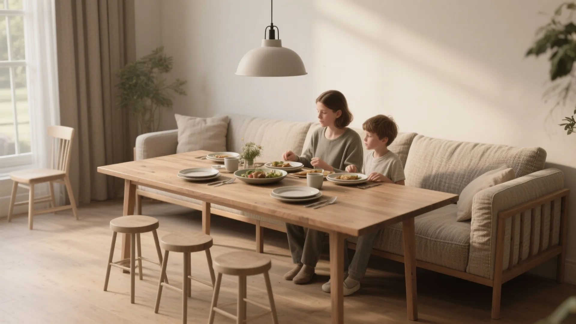 2. Use a sofa as the dining bench