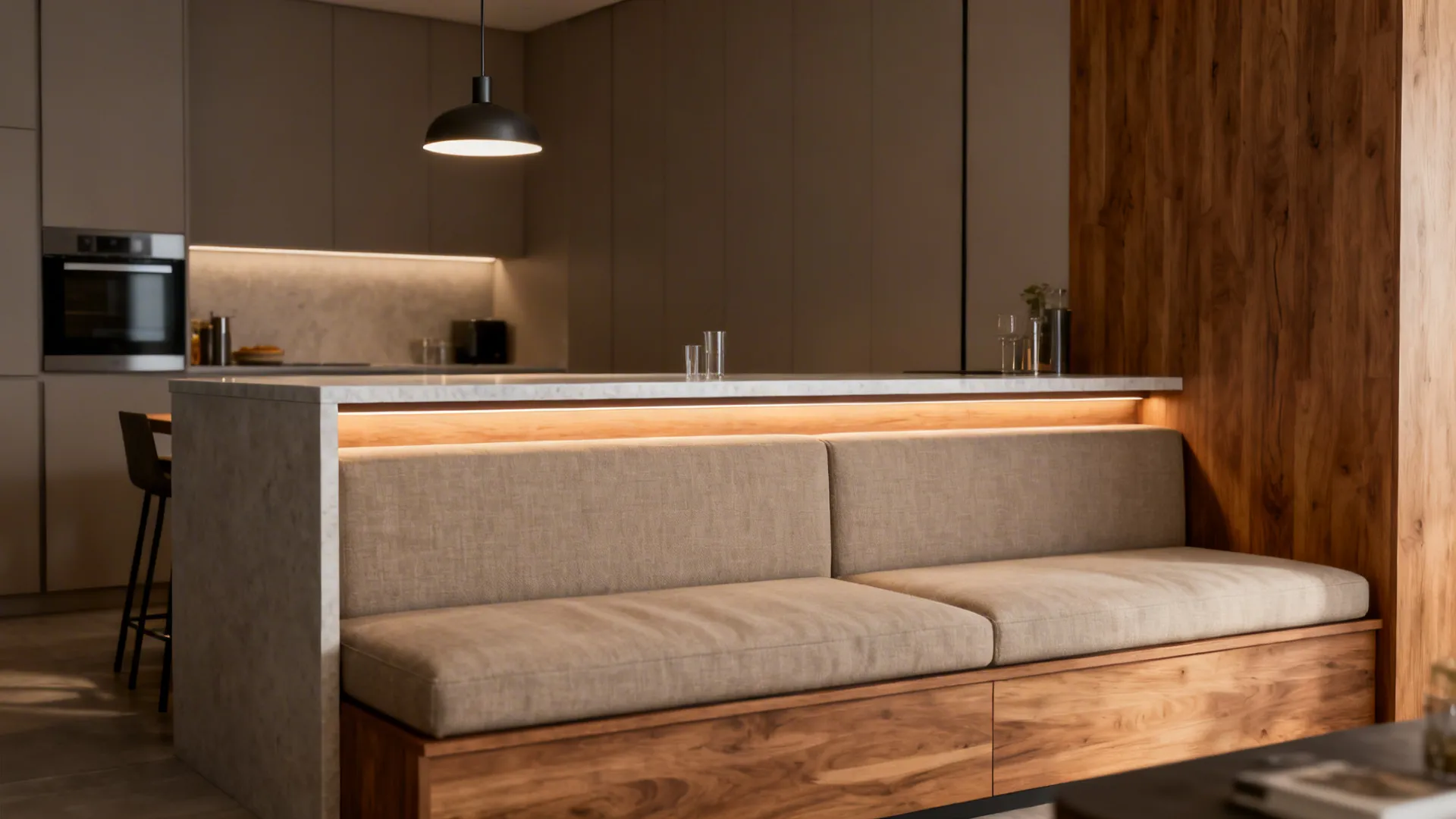 Low-back sofa with a slim dining ledge behind serving as a multifunctional dining surface