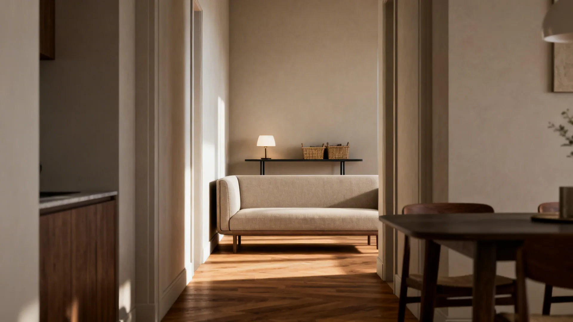 Low-back sofa used as a subtle divider between living and dining areas with a slim console behind