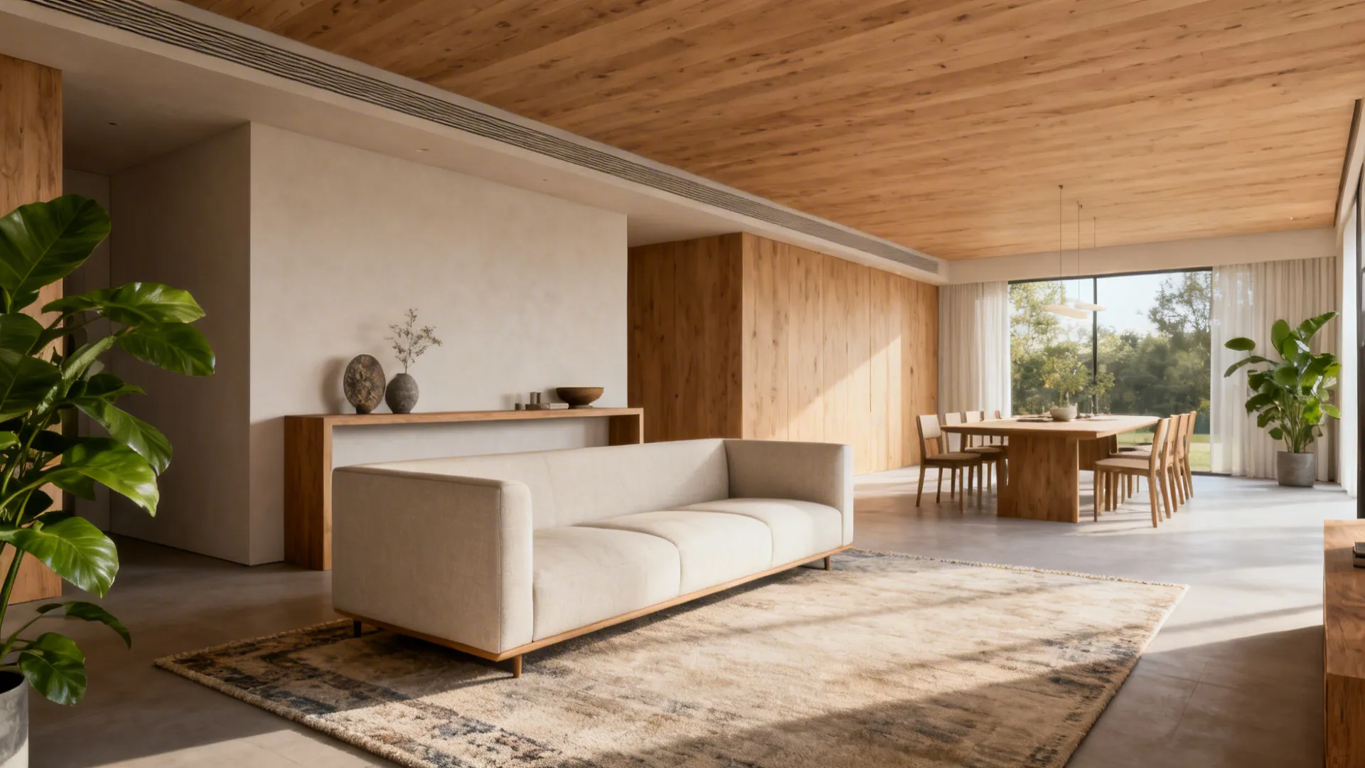 Beige sofa acting as room divider between seating area and dining table in wooden interior