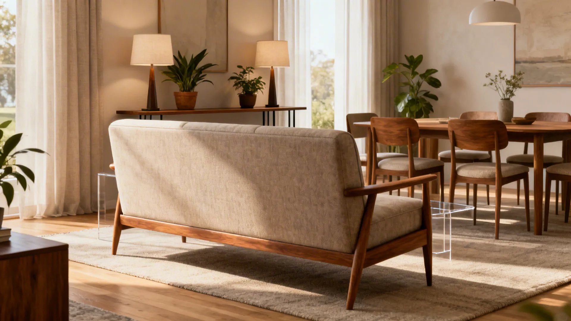 Sofa positioned as a divider with console table and lamps, showing clear walking space