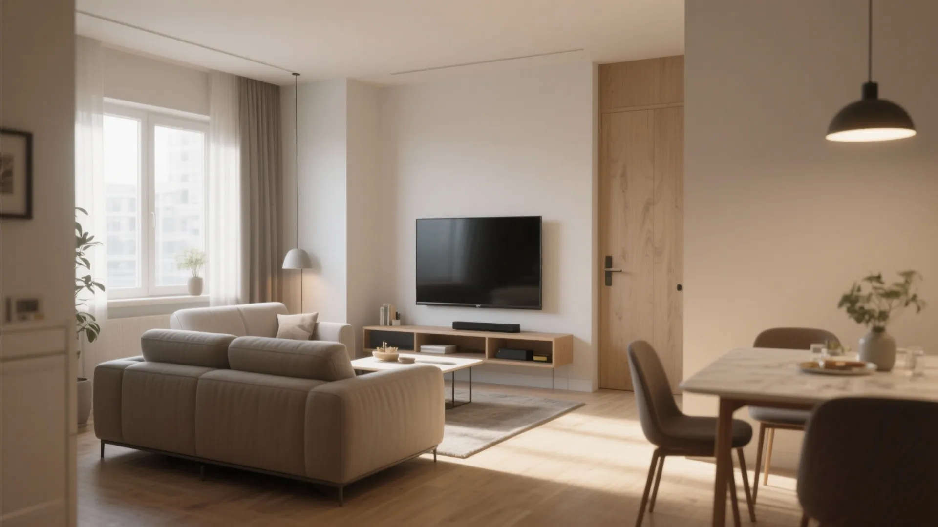 Modern living room with beige sofa wooden cabinet wall television dining table and natural light