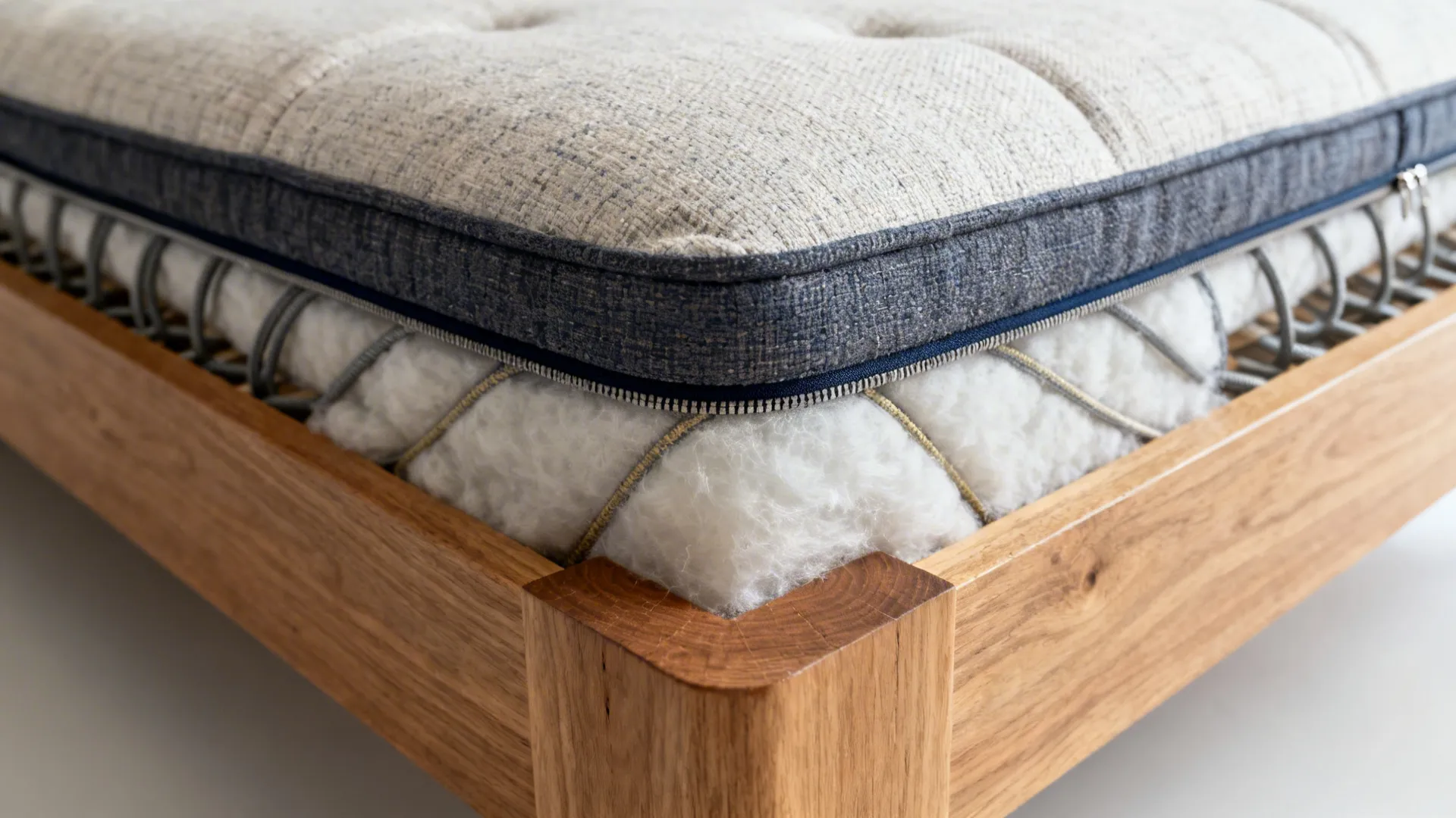 Macro details of hardwood frame, springs, foam core, and performance fabric.