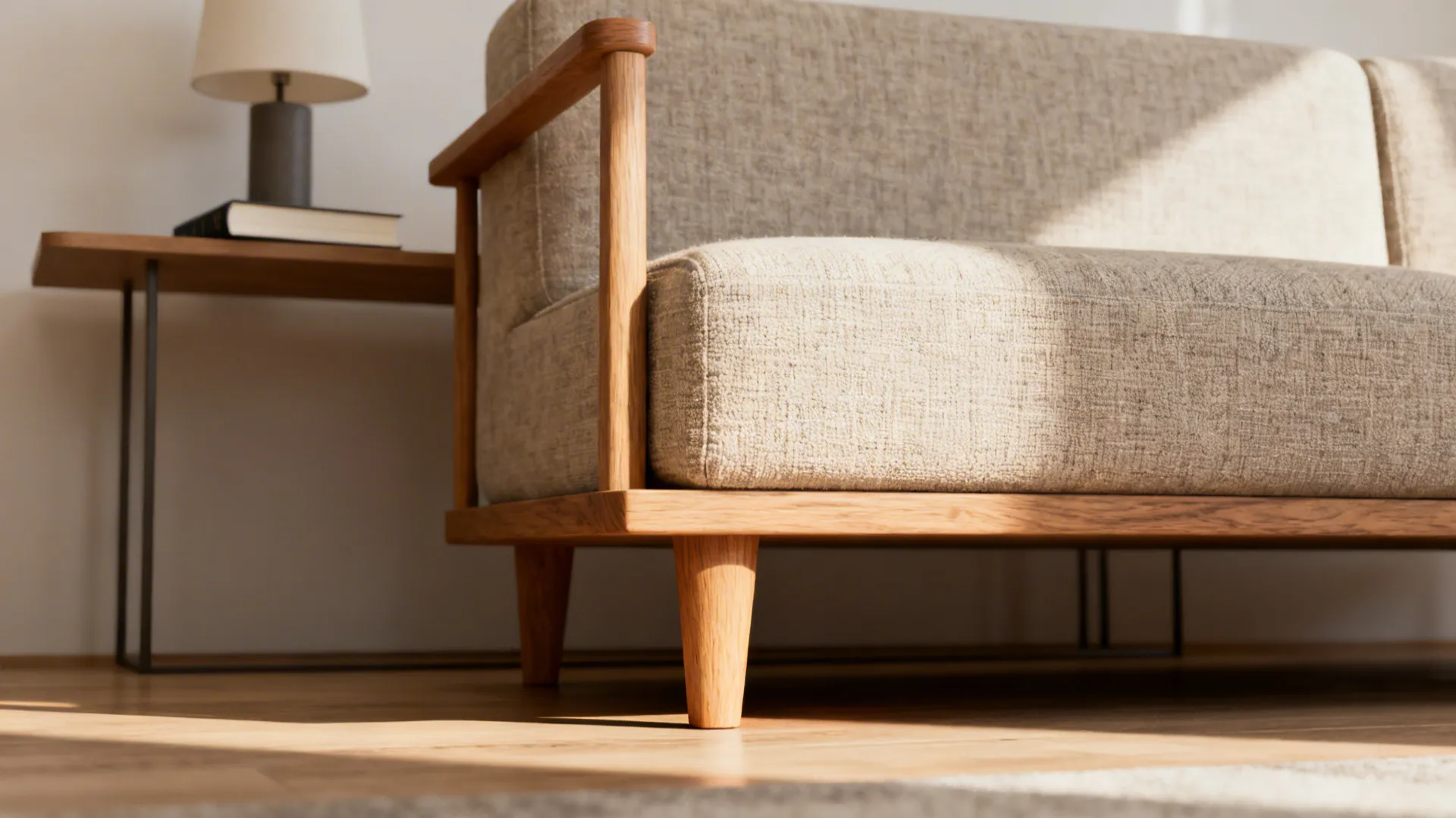 Close-up of a compact sofa with exposed wooden legs and slim console behind