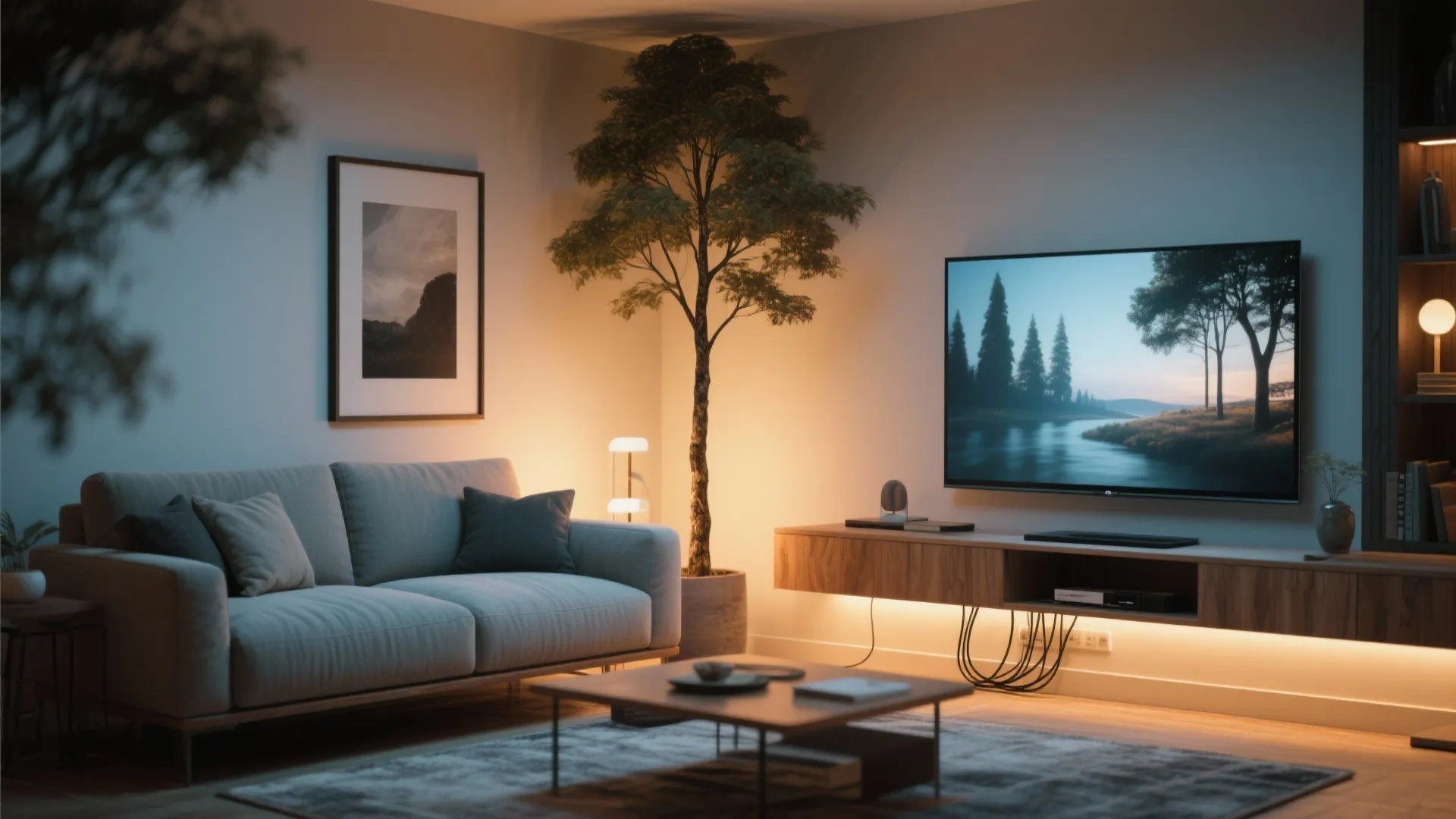 Modern living room featuring grey sofa tall indoor plant wall mounted television and warm lighting