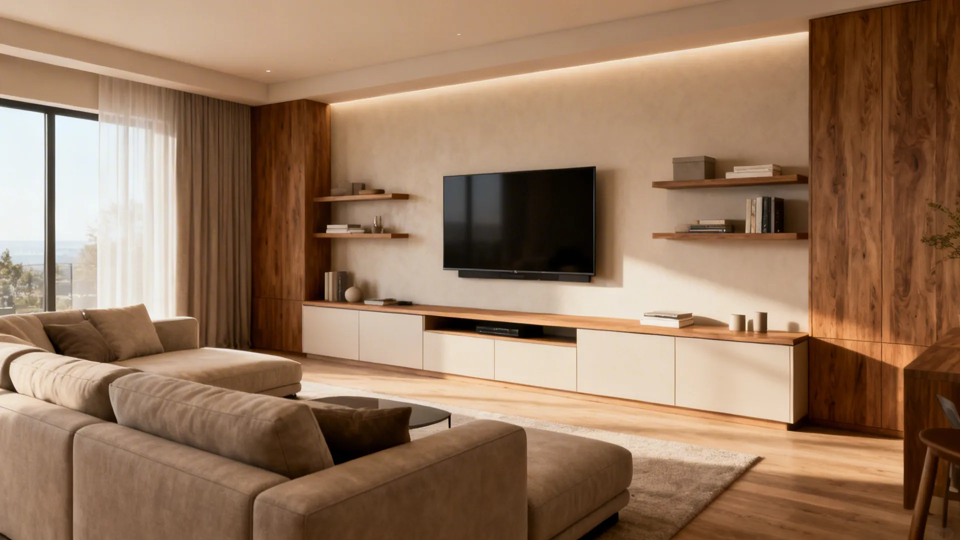 4. Create an entertainment wall opposite the sofa
