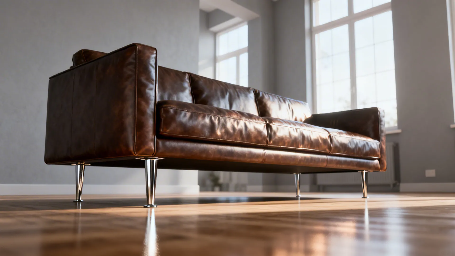 Elevated leather sofa with exposed metal legs creating visual floor space.
