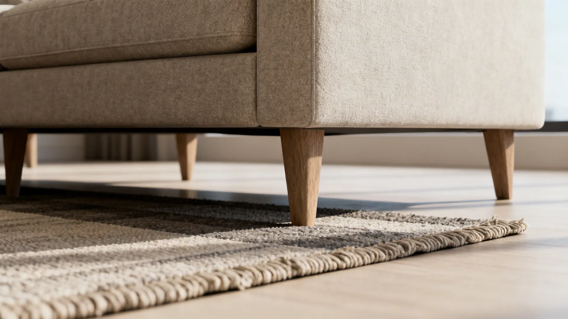 Sofa with exposed legs above layered rug illustrating open sightlines