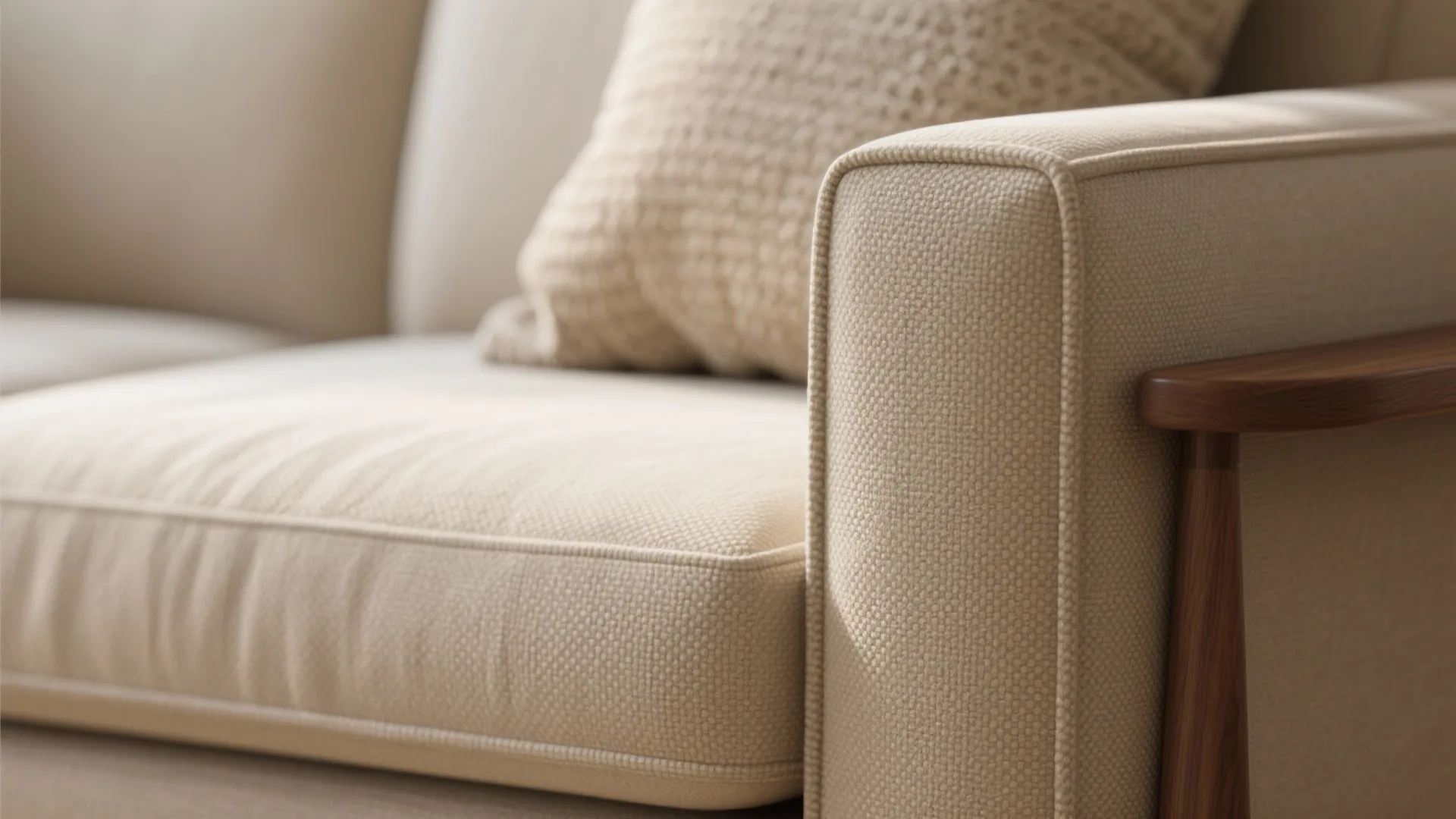 Close up view of beige fabric sofa with armrest and pillow showing detailed texture and patterns