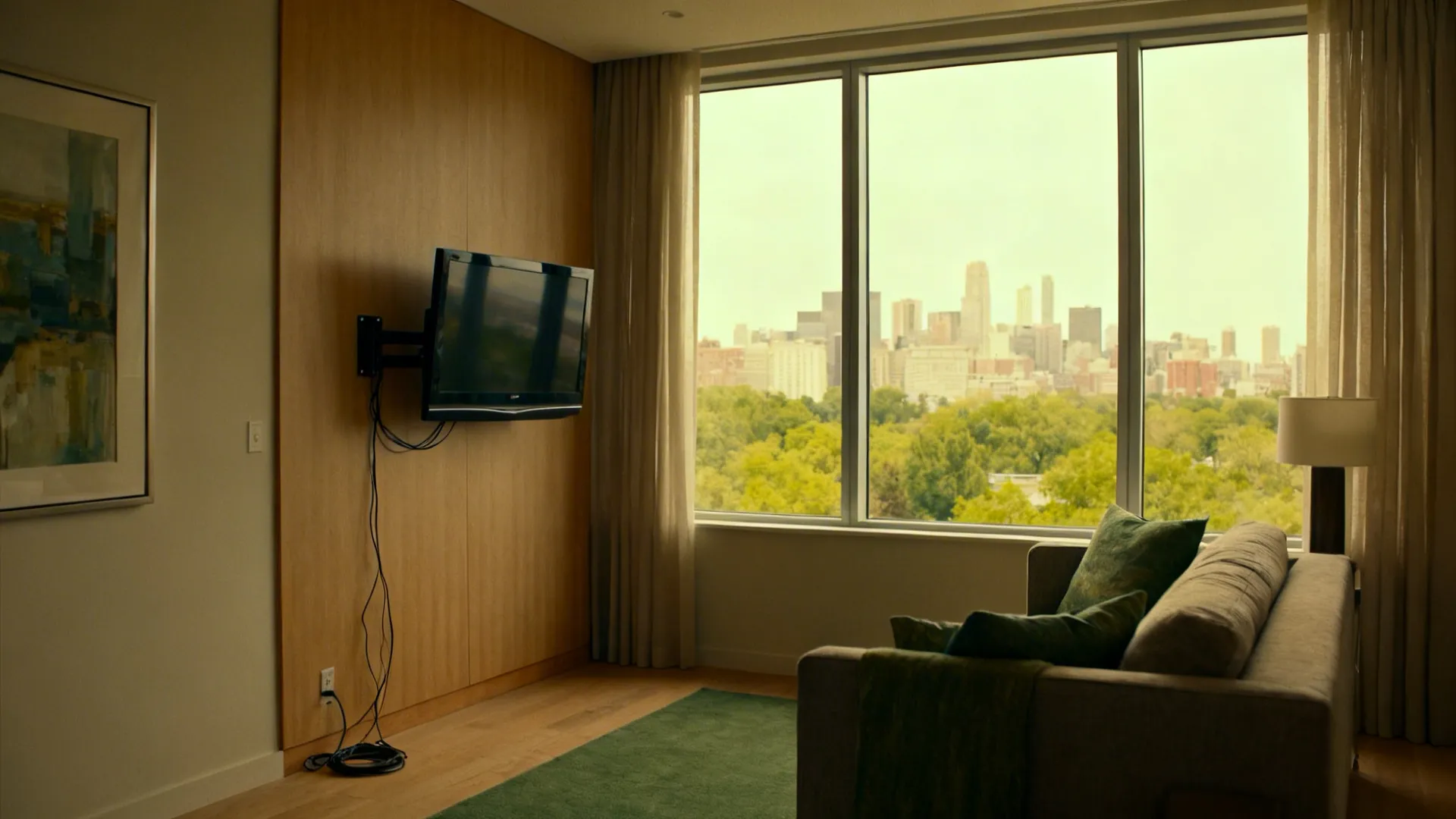 City apartment with sofa facing a picture window and a side-wall swivel-mounted TV for flexible viewing.