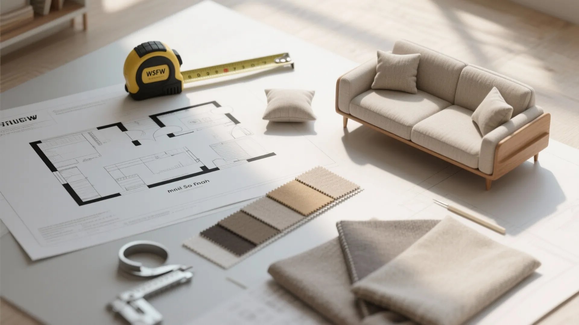 Interior design project with floor plan, yellow measuring tape, sofa model, and various fabric samples