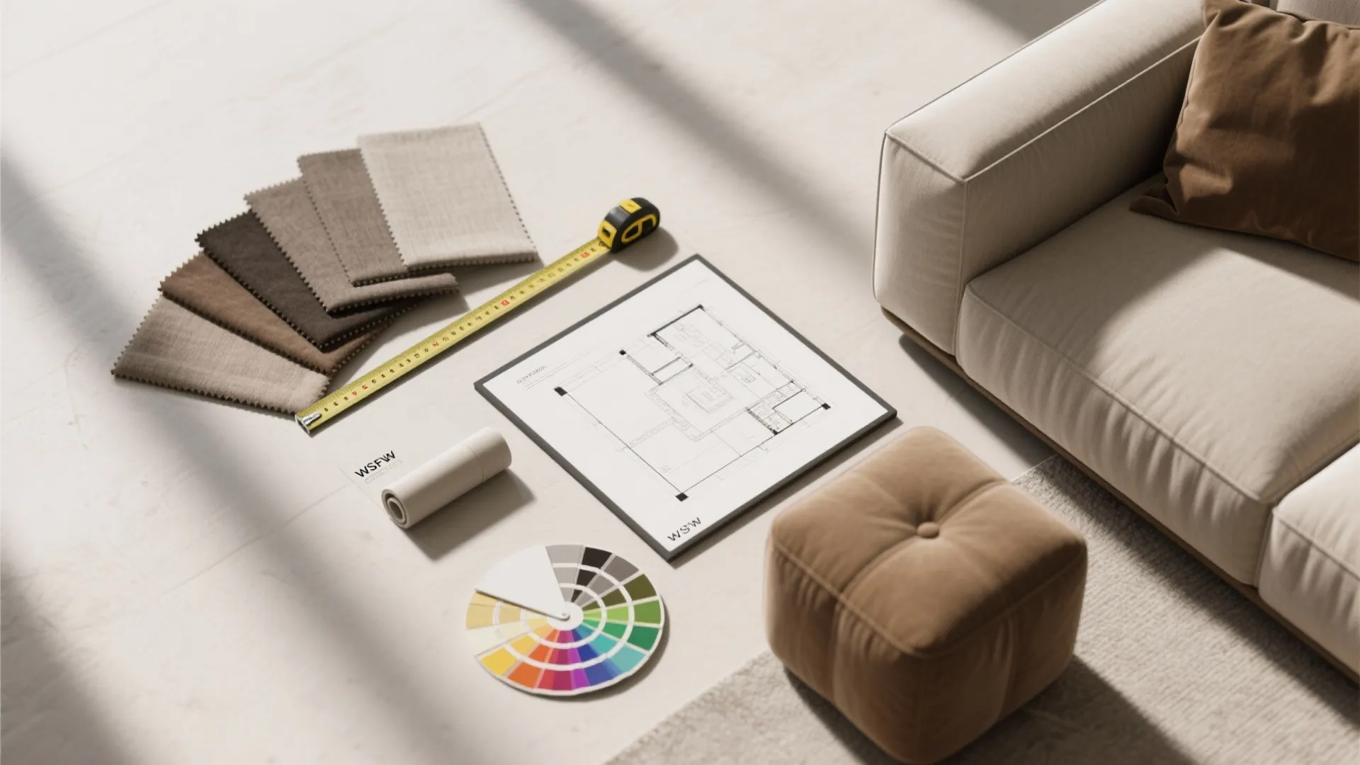 Flatlay of fabric swatches, tape measure and a simple sketch answering corner sofa FAQs.