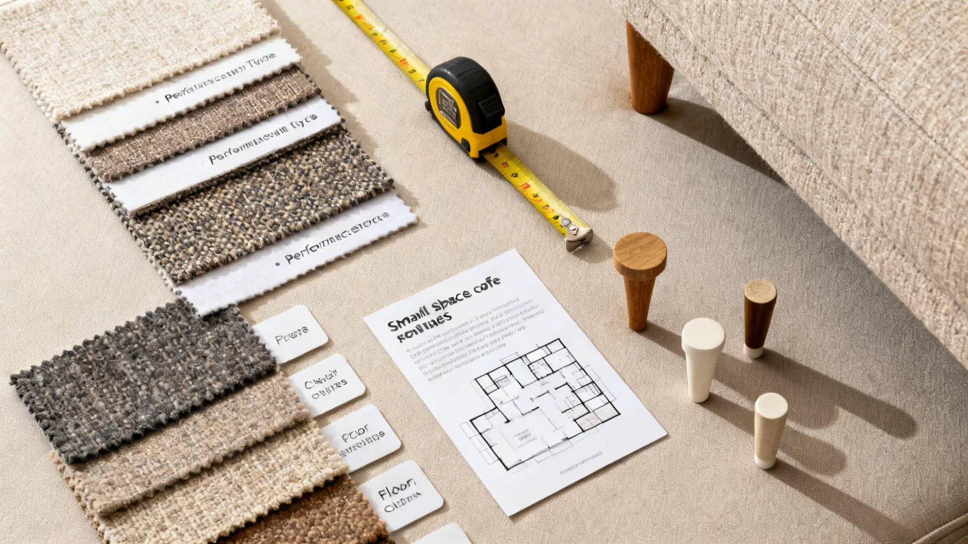 Flat lay of fabric swatches, measuring tape, plan card, and sofa leg samples.
