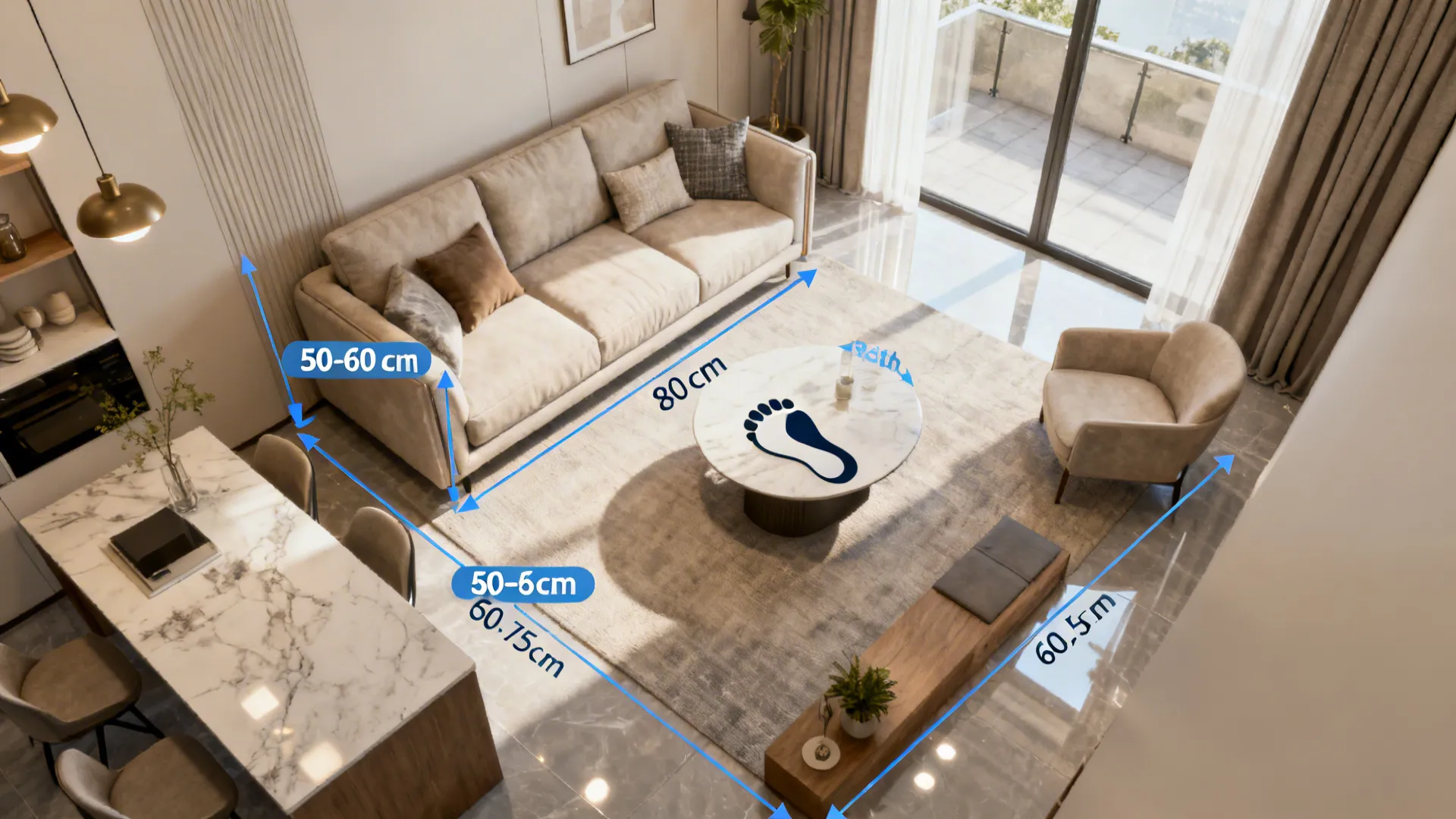 Top-down layout diagram showing sofa dimensions and circulation clearances for small living rooms.