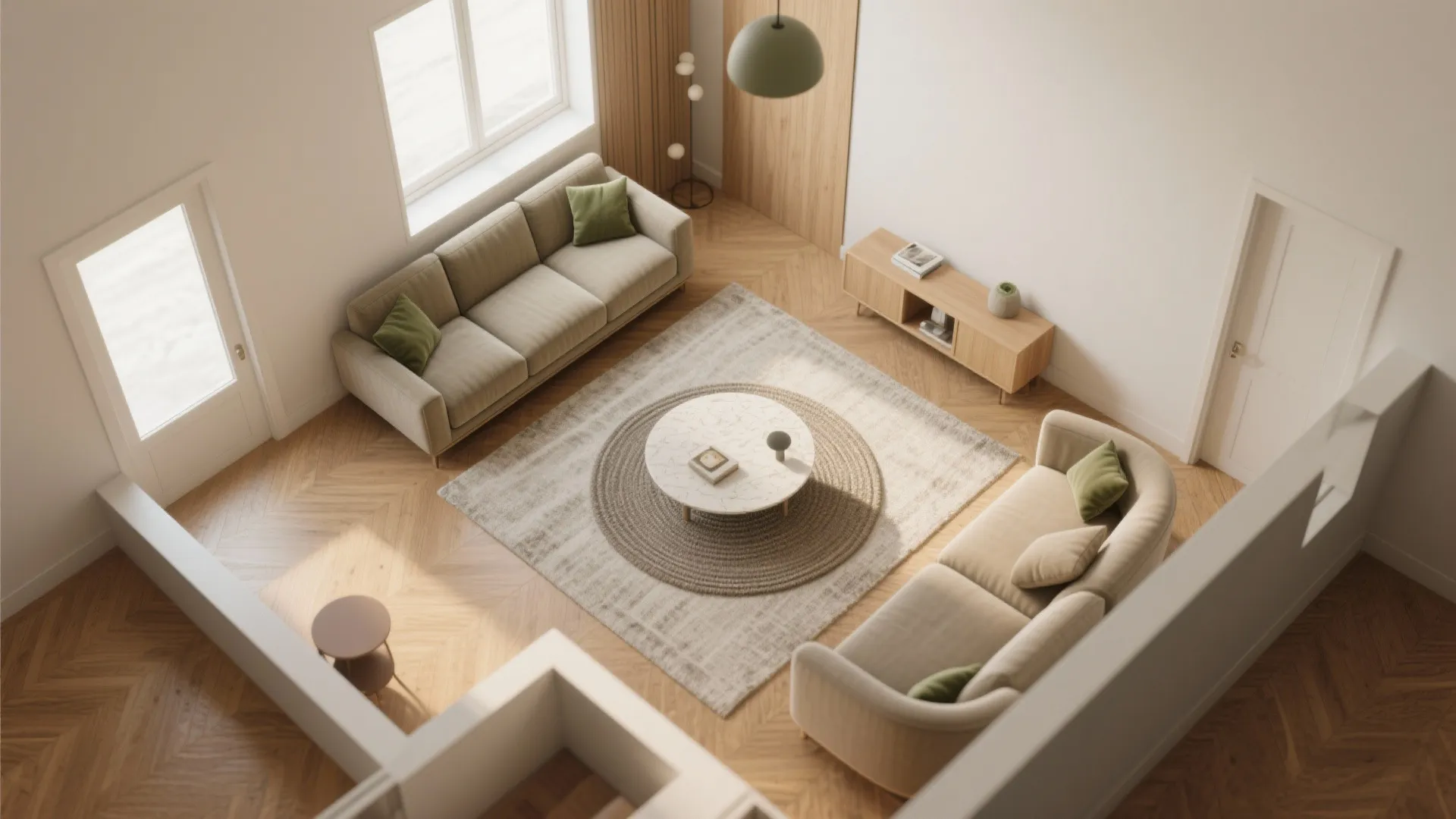 Top-down view of modern living room with two beige sofas round rug and wooden floor