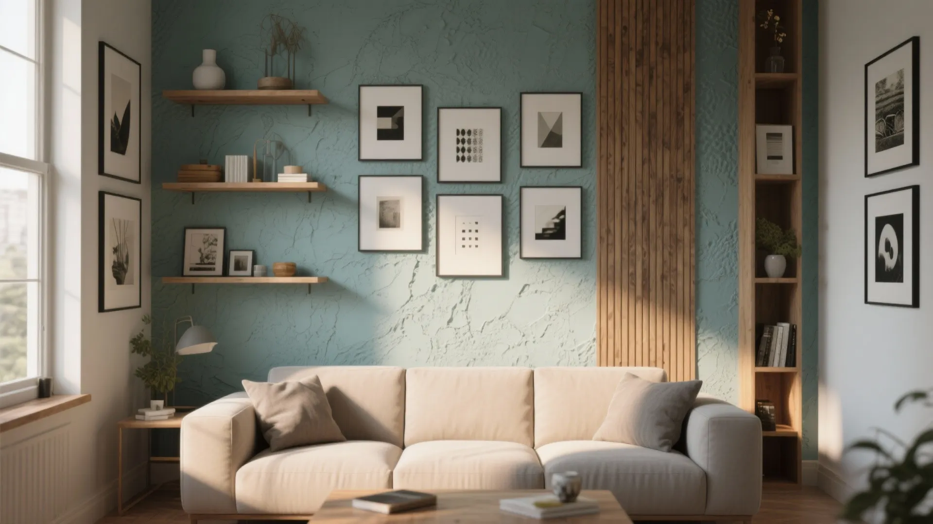 4. Sofa Against a Feature Wall with Vertical Storage