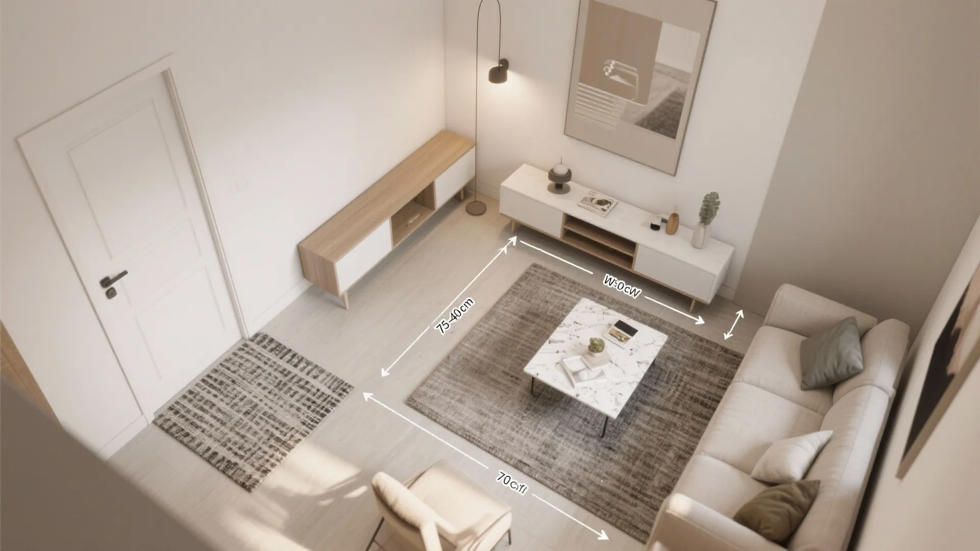 Top down interior design drawing showing living room furniture dimensions with sofa and coffee table