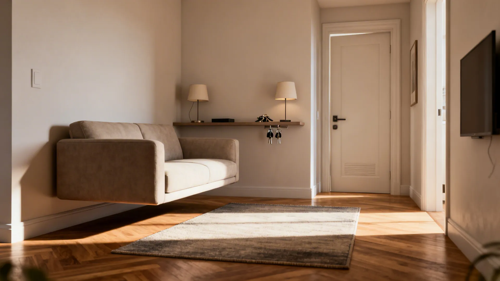 Small living room with sofa floated from the wall and a slim console behind it to improve flow