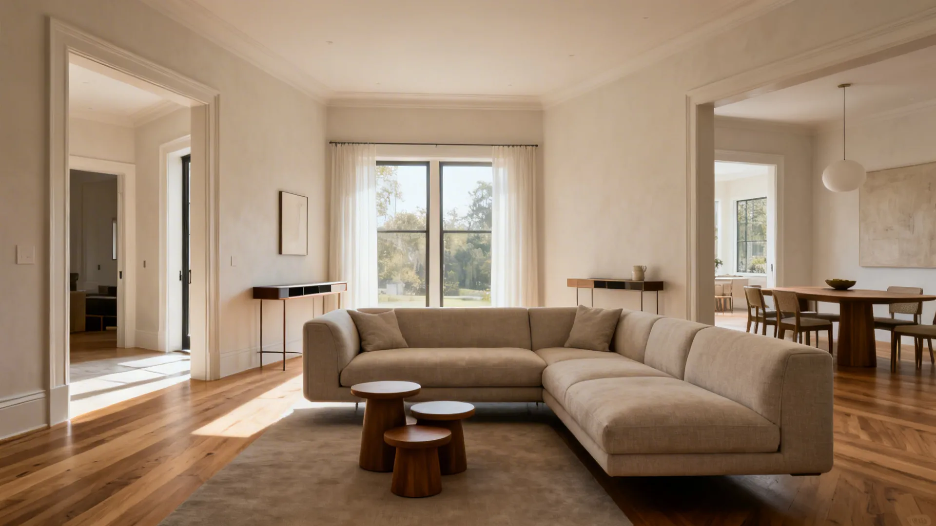 Studio layout with an L-shaped sofa floated to define living and dining zones.