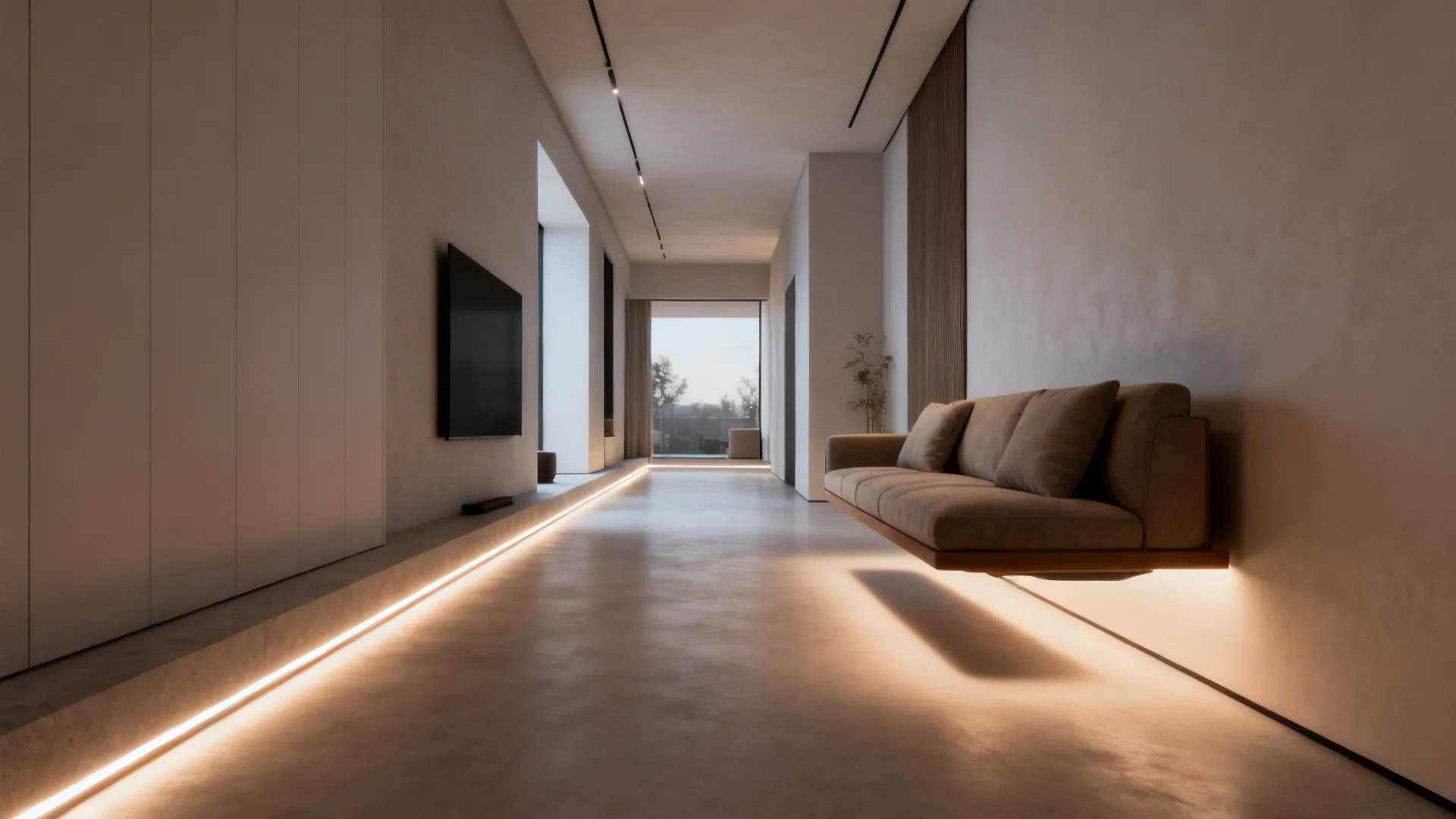 Loft with LED strips under sofa and along floor coving creating a floating effect